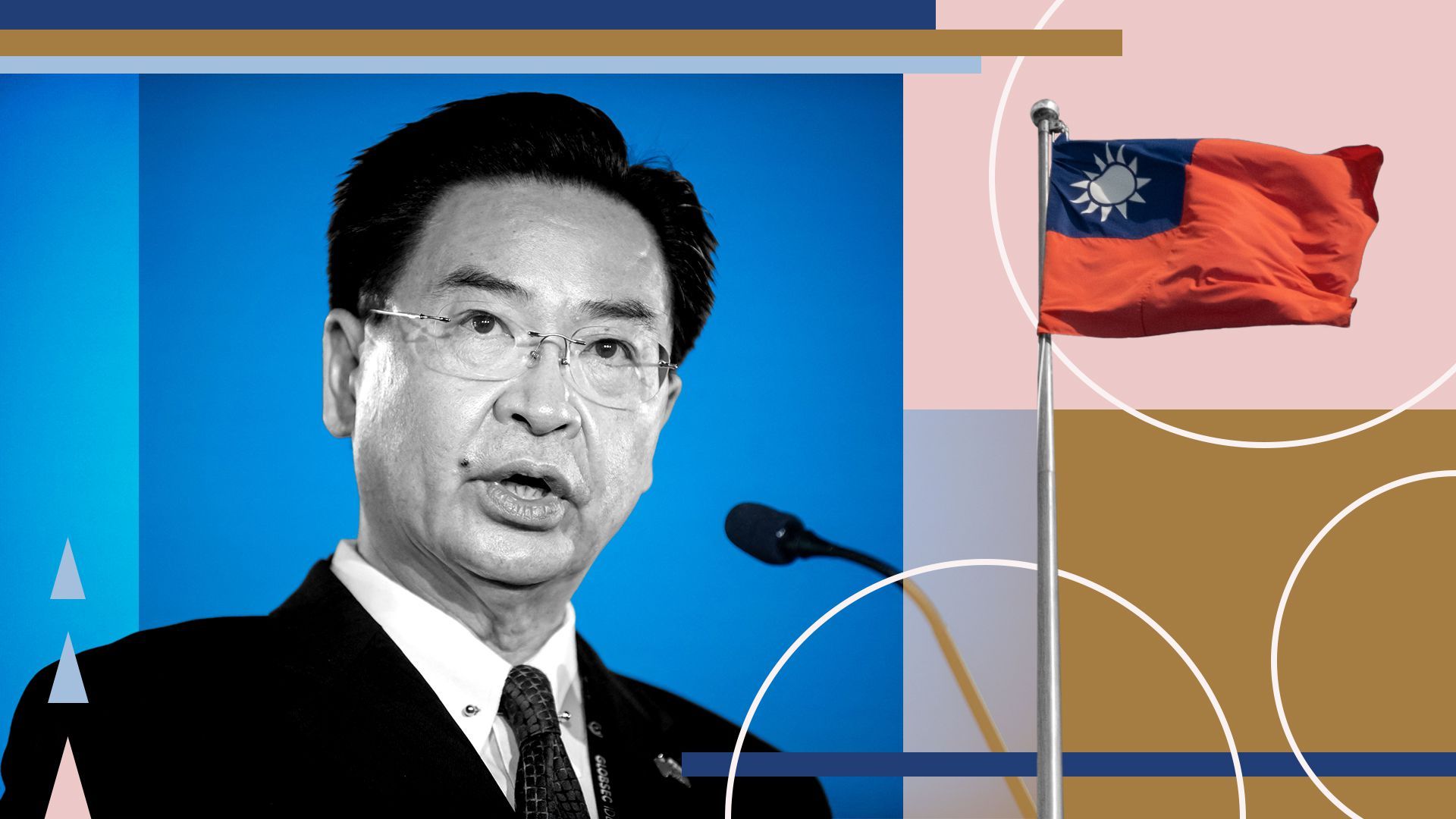 Photo illustration of Jaushieh Joseph Wu, the Taiwanese flag, and abstract shapes.