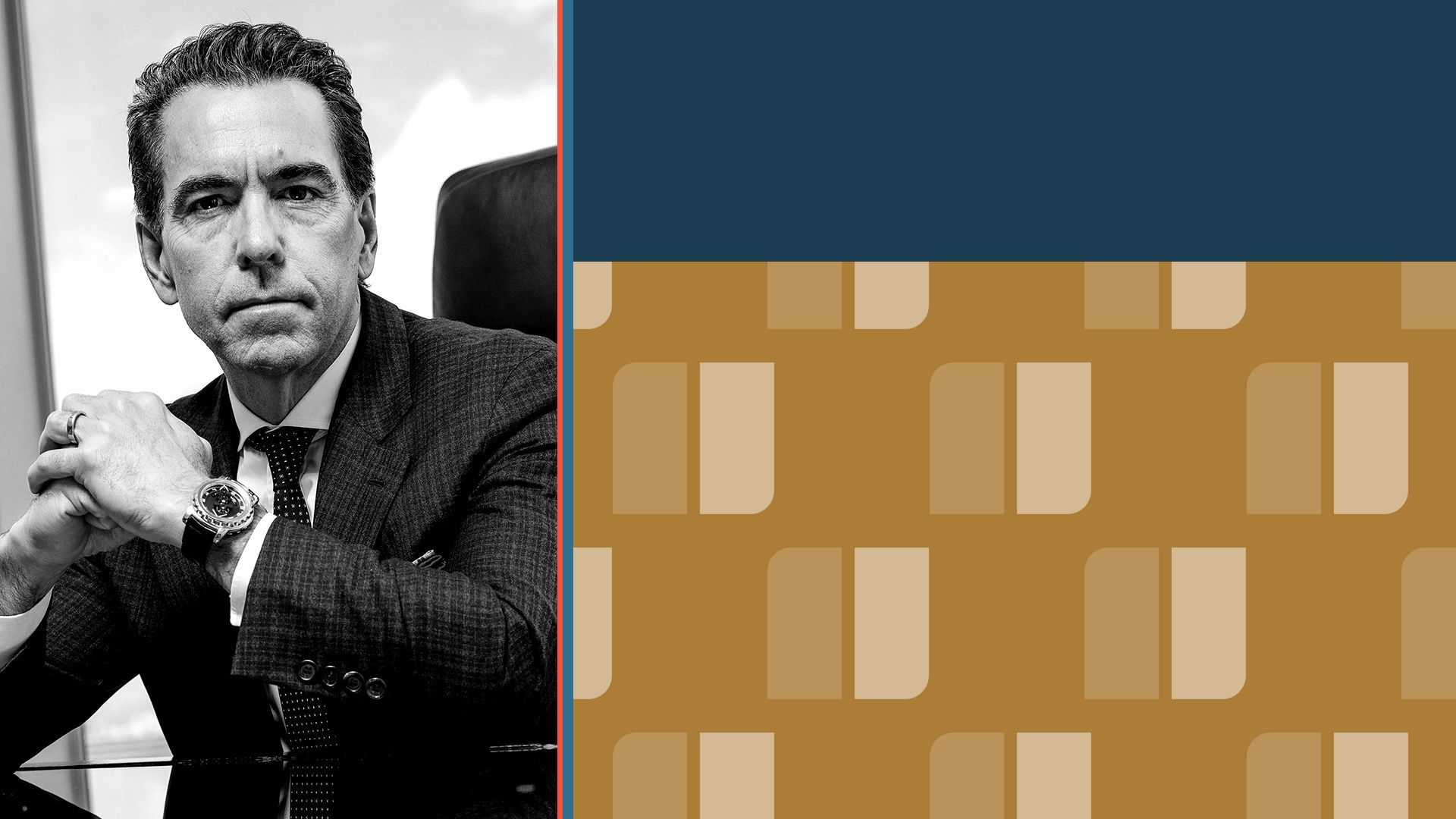 Photo illustration of Orlando Bravo next to colored blocks and a pattern of the Thoma Bravo logo.