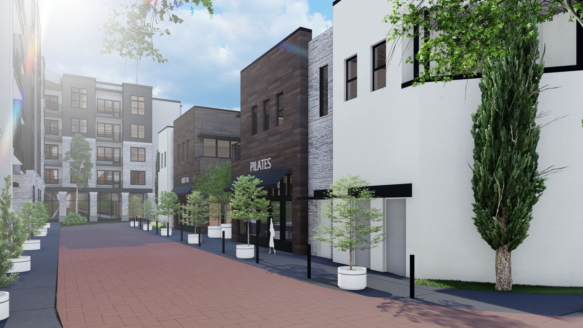 A rendering showing a pilates studio situated between apartments.