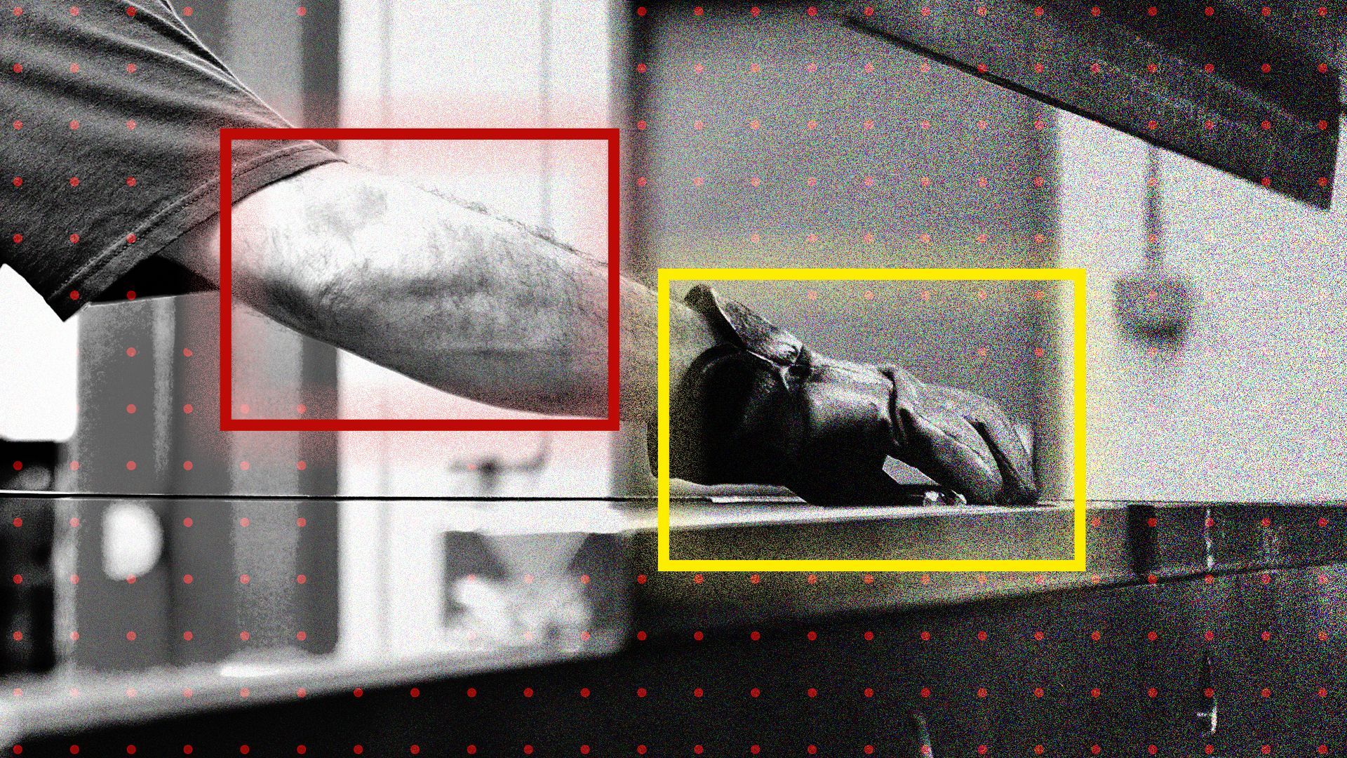 Illustration of a person's arm wearing work gloves and reaching into industrial machinery, with an overlaid grid and glowing boxes framing their hand and elbow