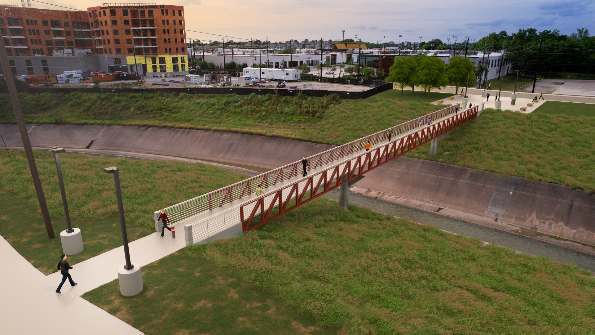 Rendering of a straight concrete and metal bridge over a curve of the White Oak Bayou 