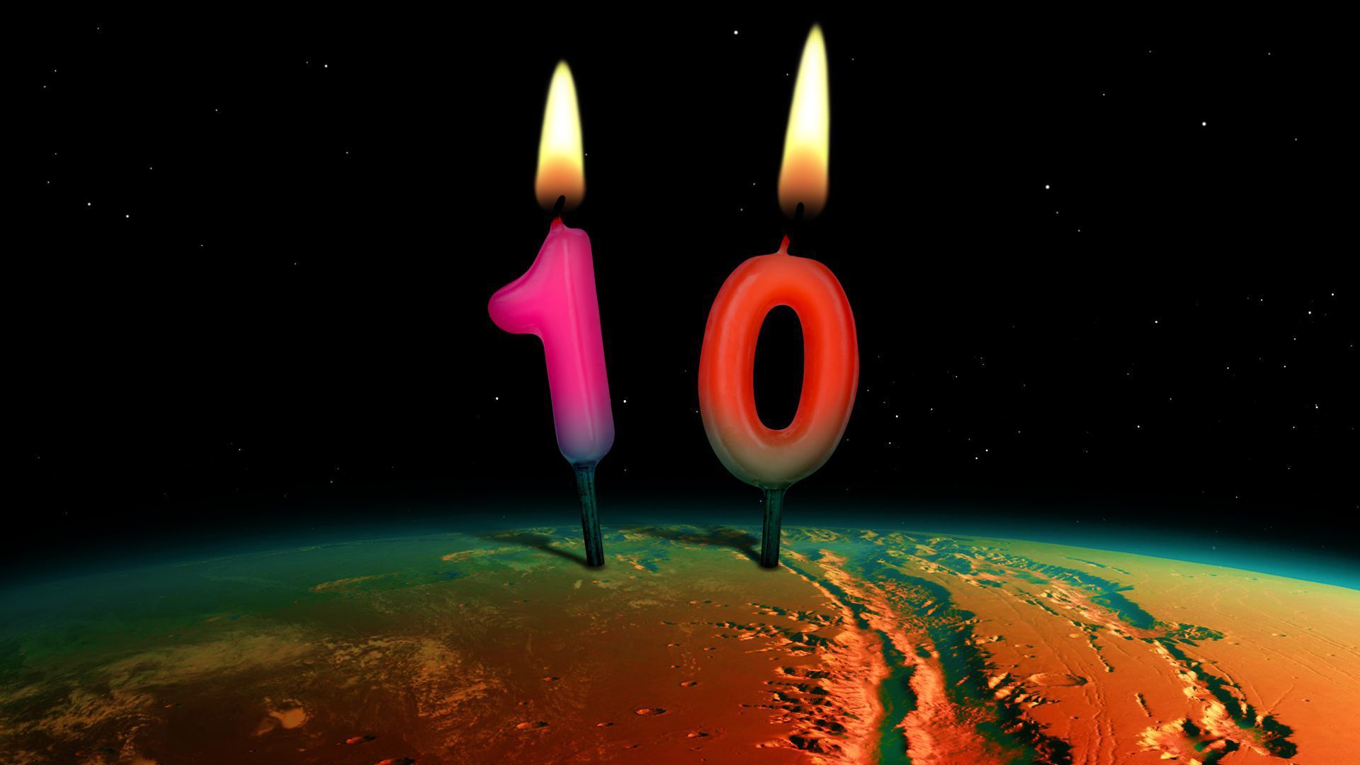 An illustration of '10' birthday candles on Mars.