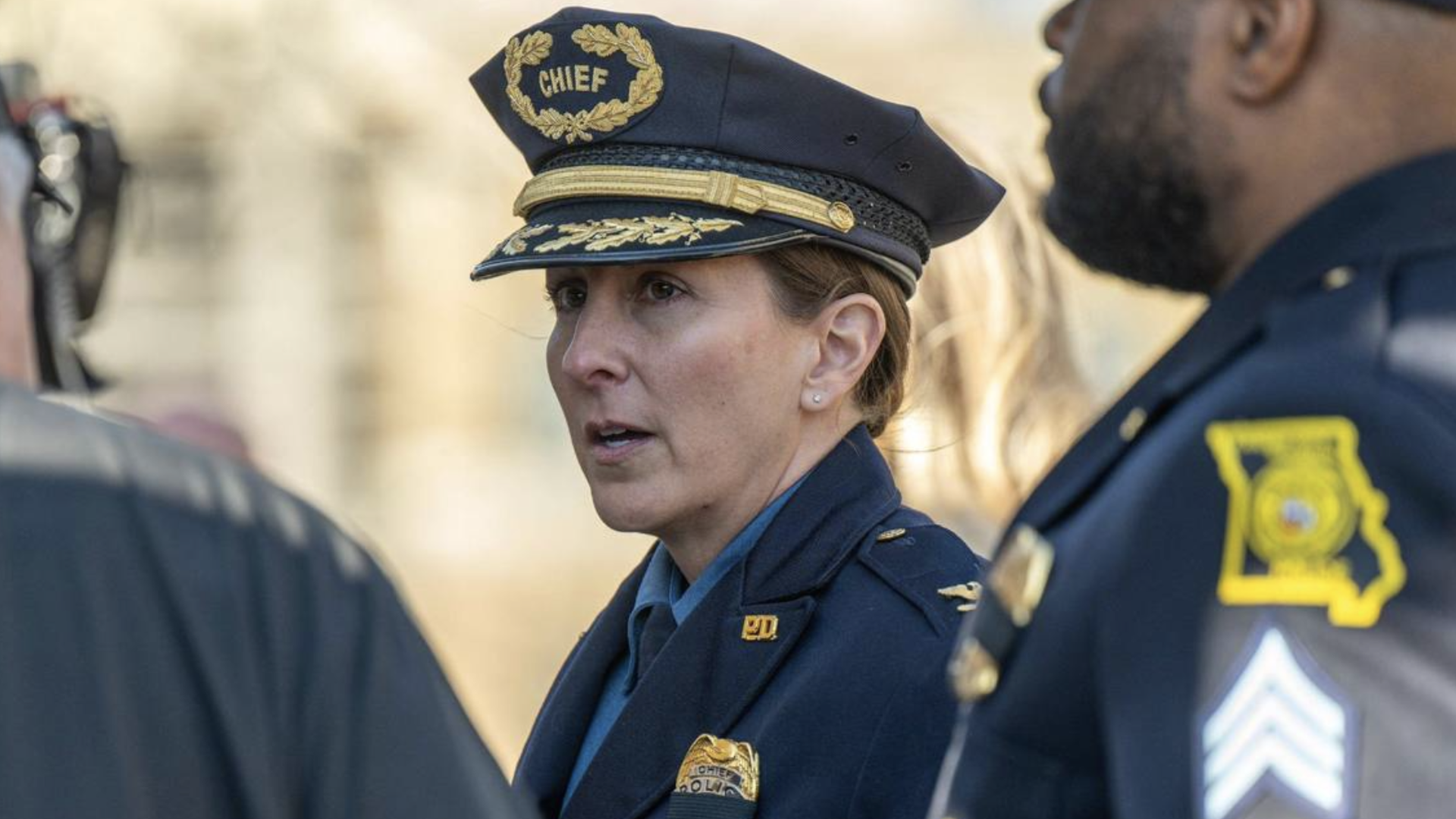 Kansas City Police Chief Stacey Graves attends a memorial service for Drexel Mack, a civil process officer with Jackson County courts who was shot and killed during an eviction, at the Jackson County Courthouse on Monday, March 11, 2024, in Kansas City.
