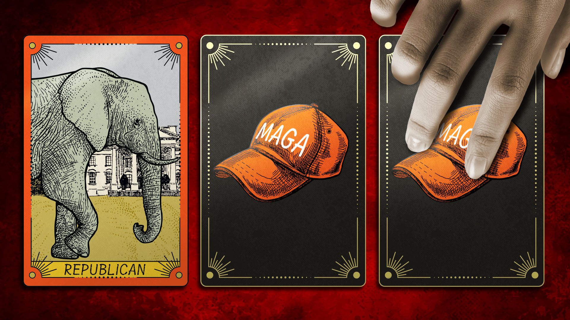 Illustration of a hand turning tarot cards with MAGA hats, with one already overturned revealing an elephant with the White House behind it