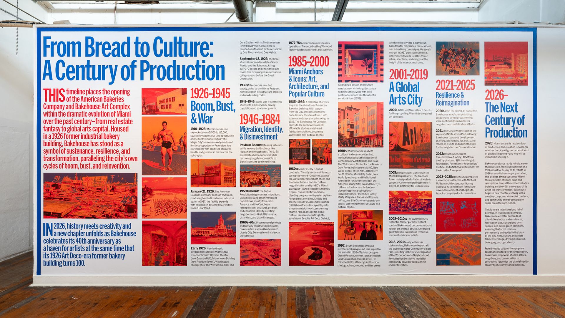 Large mural timeline details Miami's evolution from 1926 to 2026, highlighting cultural, economic, and artistic phases with red and blue text and images.