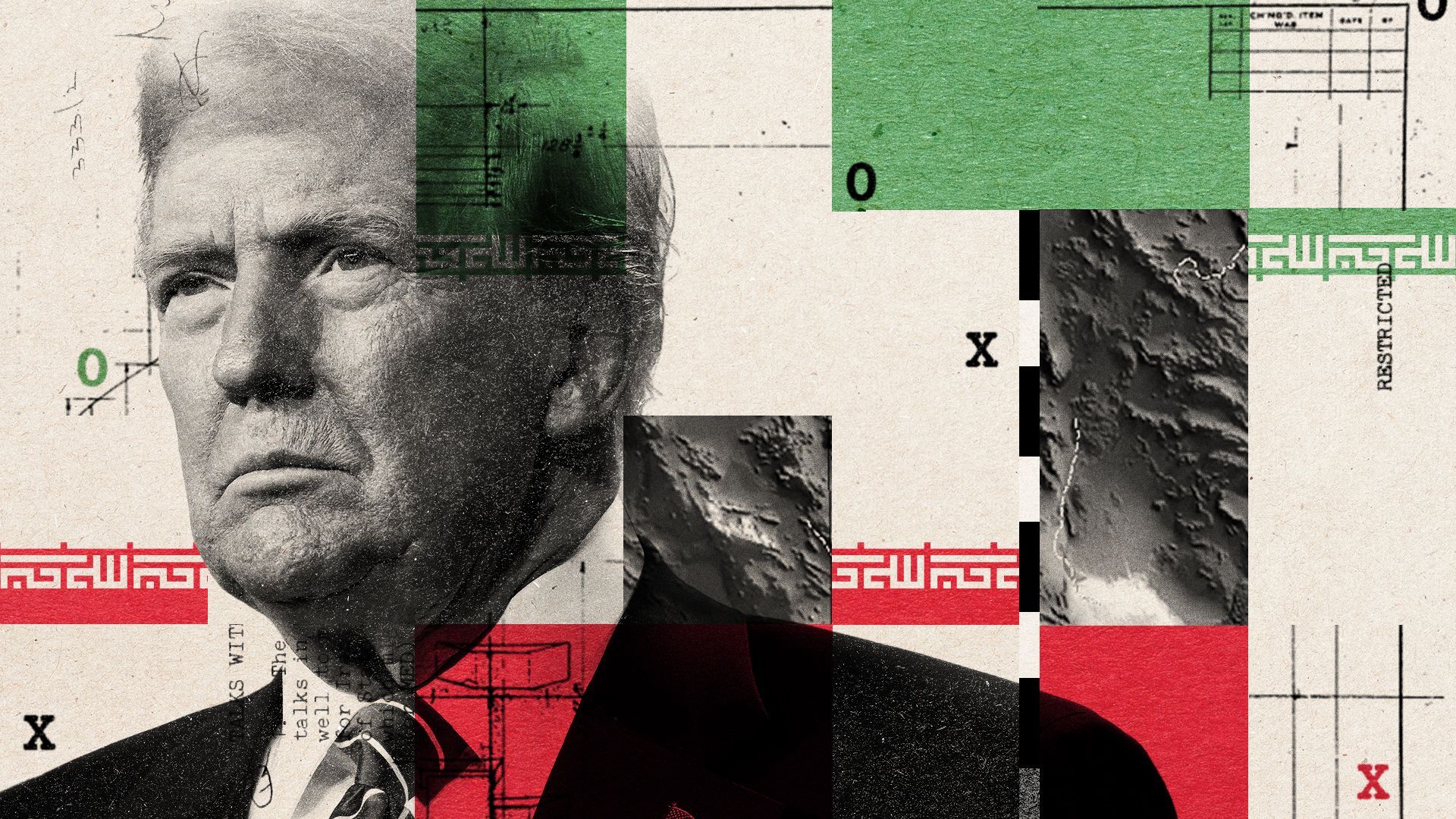 Photo illustration of Donald Trump on an abstract collage background made up of elements of the Iranian flag, X's, O's, various schematics, maps, and government documents. 