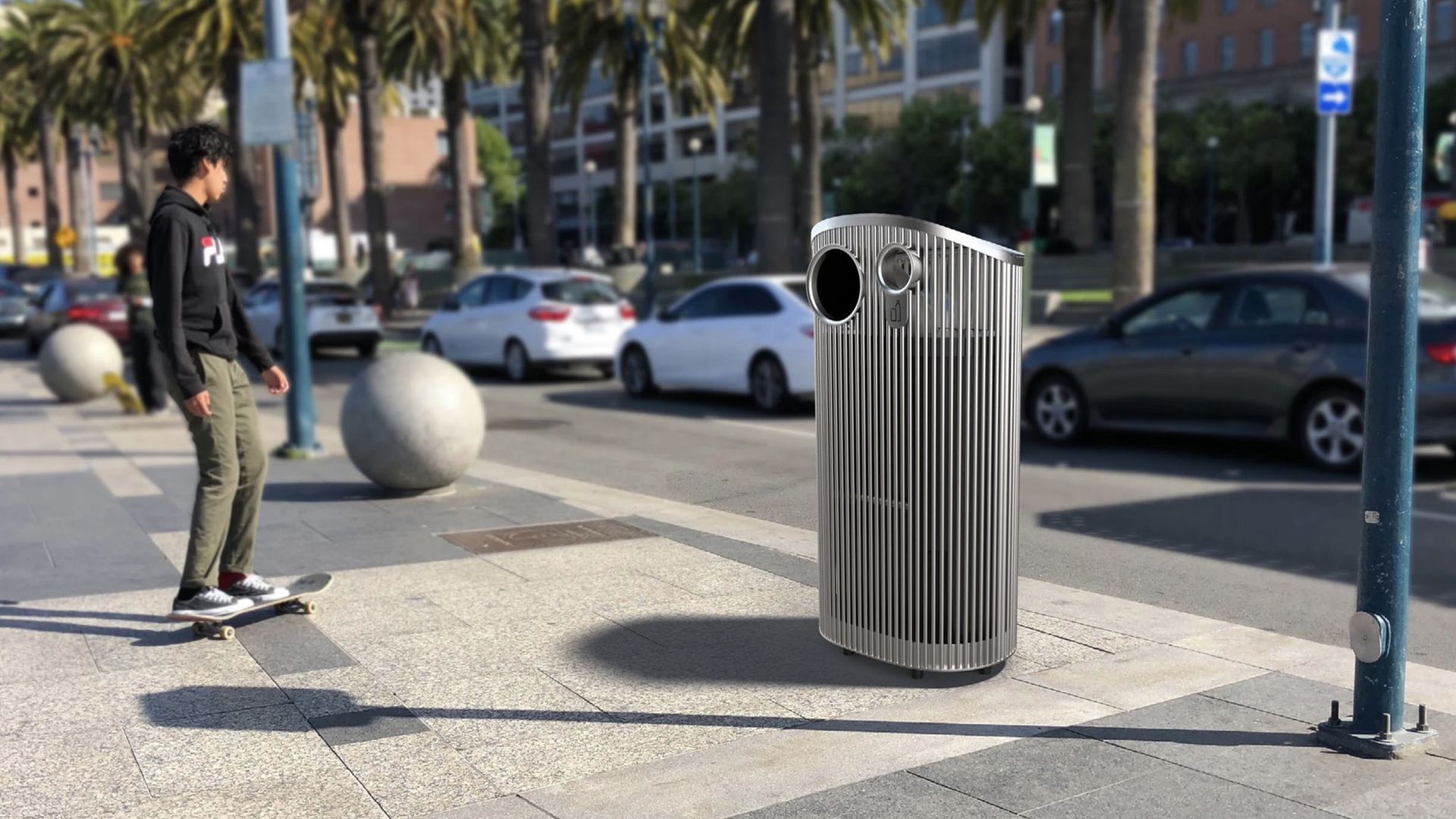 skateboarder next to a trash can