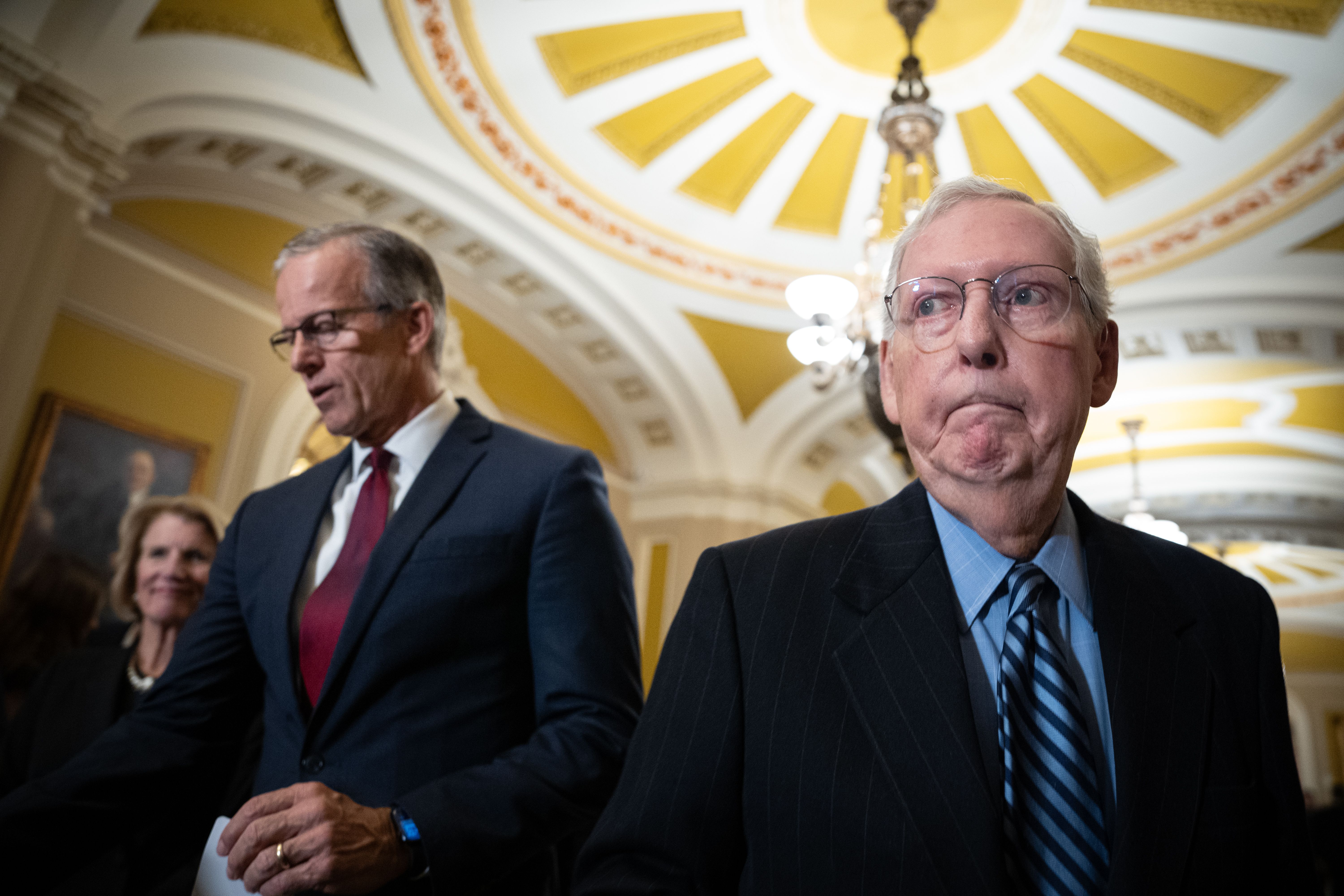 Sens. Mitch McConnell (R-Ky.) and John Thune (R-S.D.) during a news conference at the Capitol in 2024.