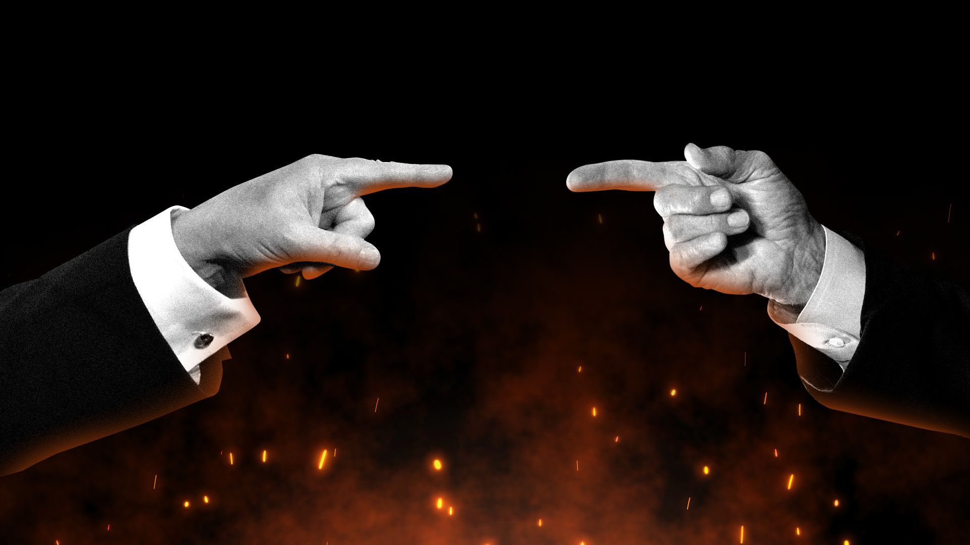 Photo illustration of hands pointing at each other over a wildfire.