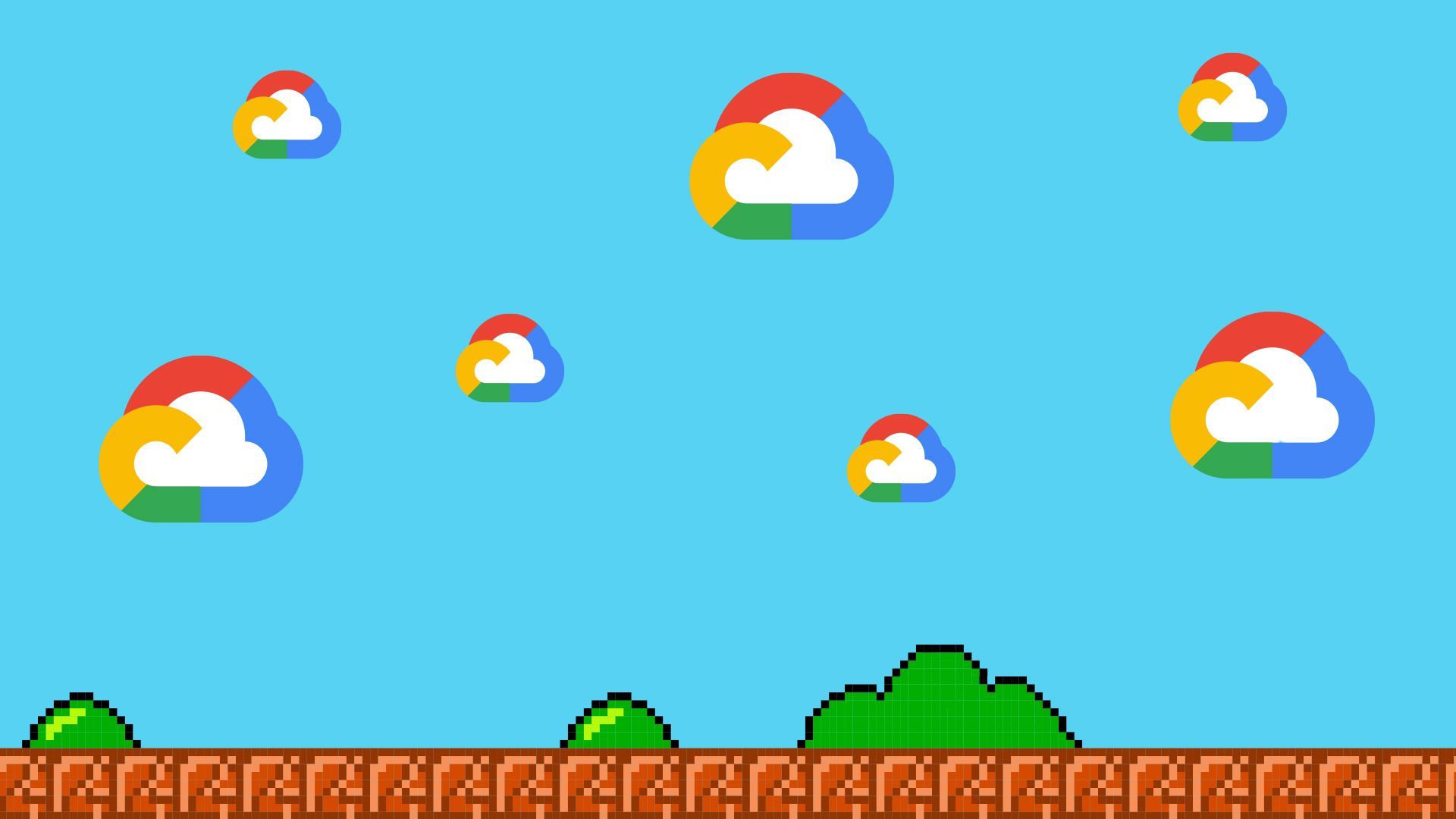 Illustration of the Google Cloud icon on the background of an 8-bit video game landscape. 
