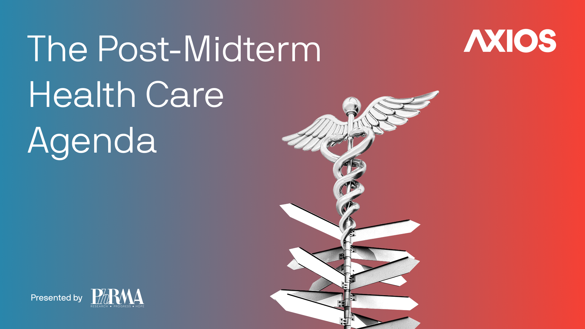 The Post-Midterm Health Care Agenda. Presented by Phrma. Caduceus symbol on top a sign pointing different directions.