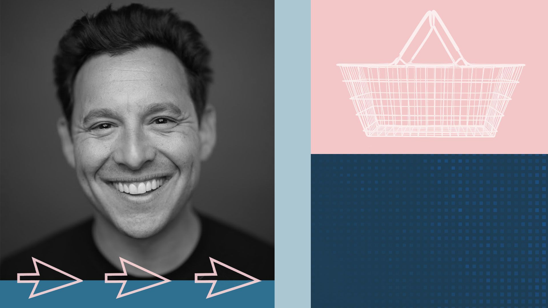 Photo illustration of Shopify president Harvey finkelstein with cursors and a shopping basket overlaid