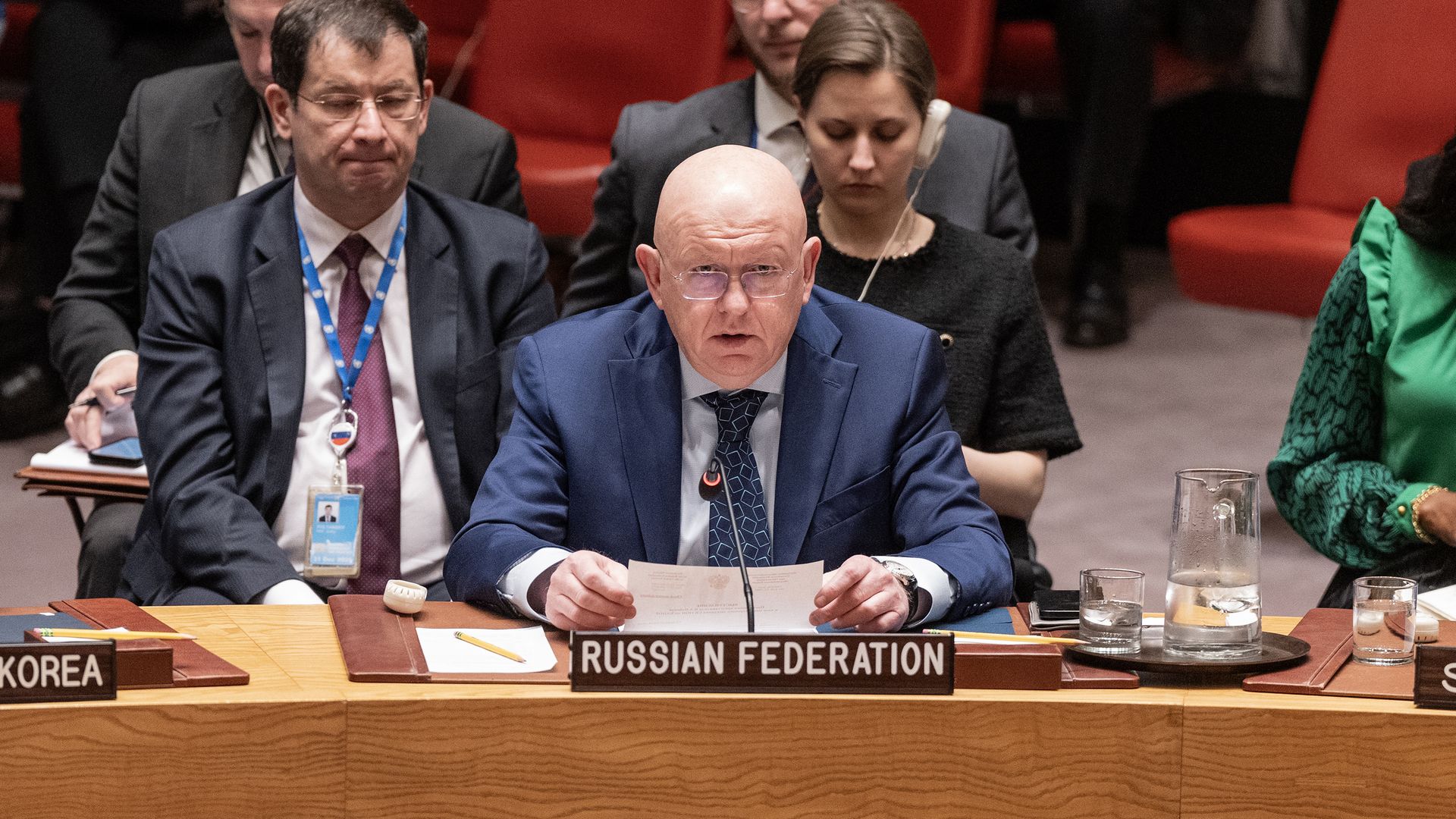 Russia's ambassador to the United Nations Vasily Nebenzya during a during Security Council meeting on April 17.
