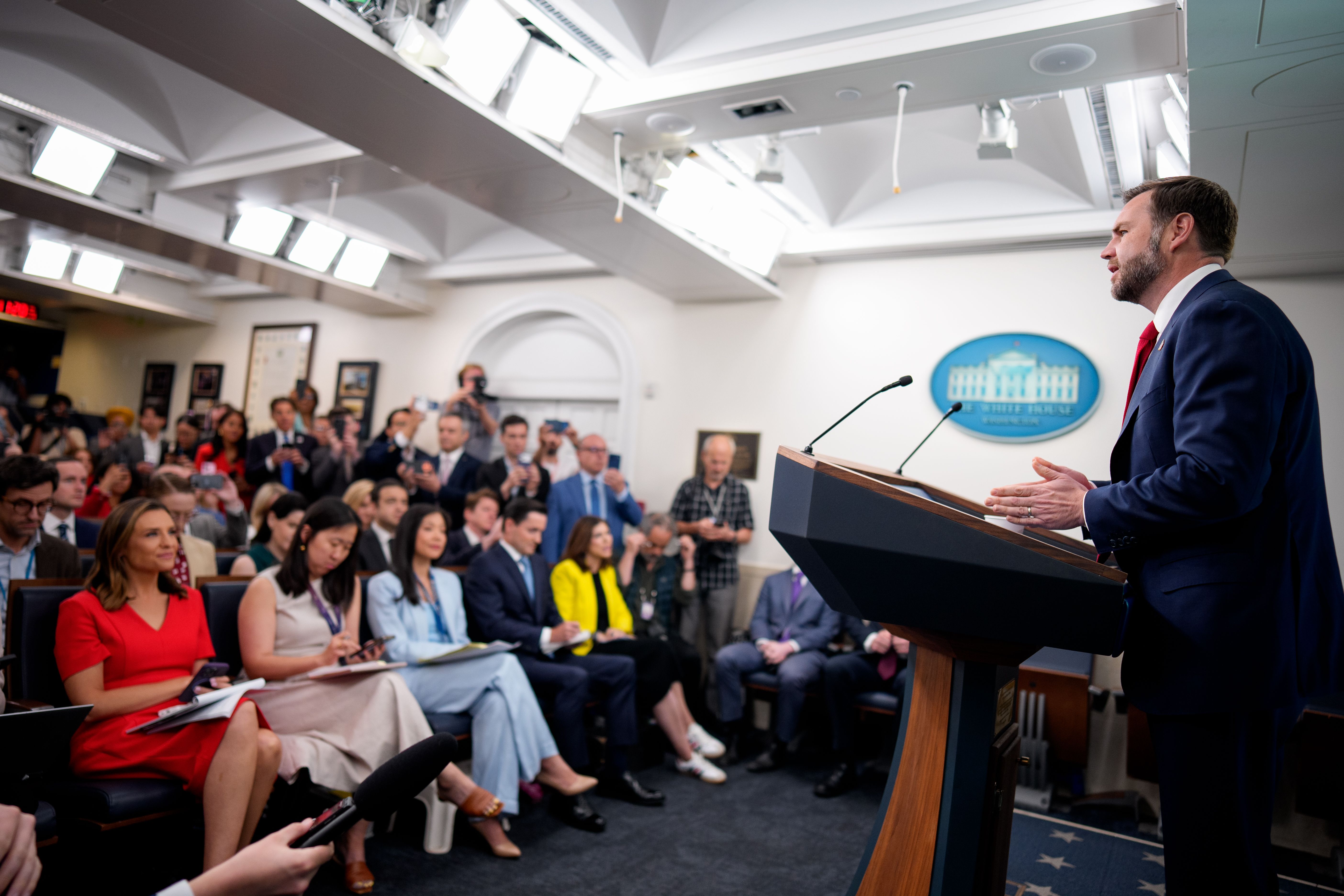 WASHINGTON, DC - JUNE 18: Vice President J.D. Vance speaks during a news conference in the Brady Press Briefing Room at the White House on June 18, 2026 in Washington, DC. Vance is expected to travel to Lucerne, Switzerland tomorrow for follow up talks after a memorandum of understanding (MOU) to en