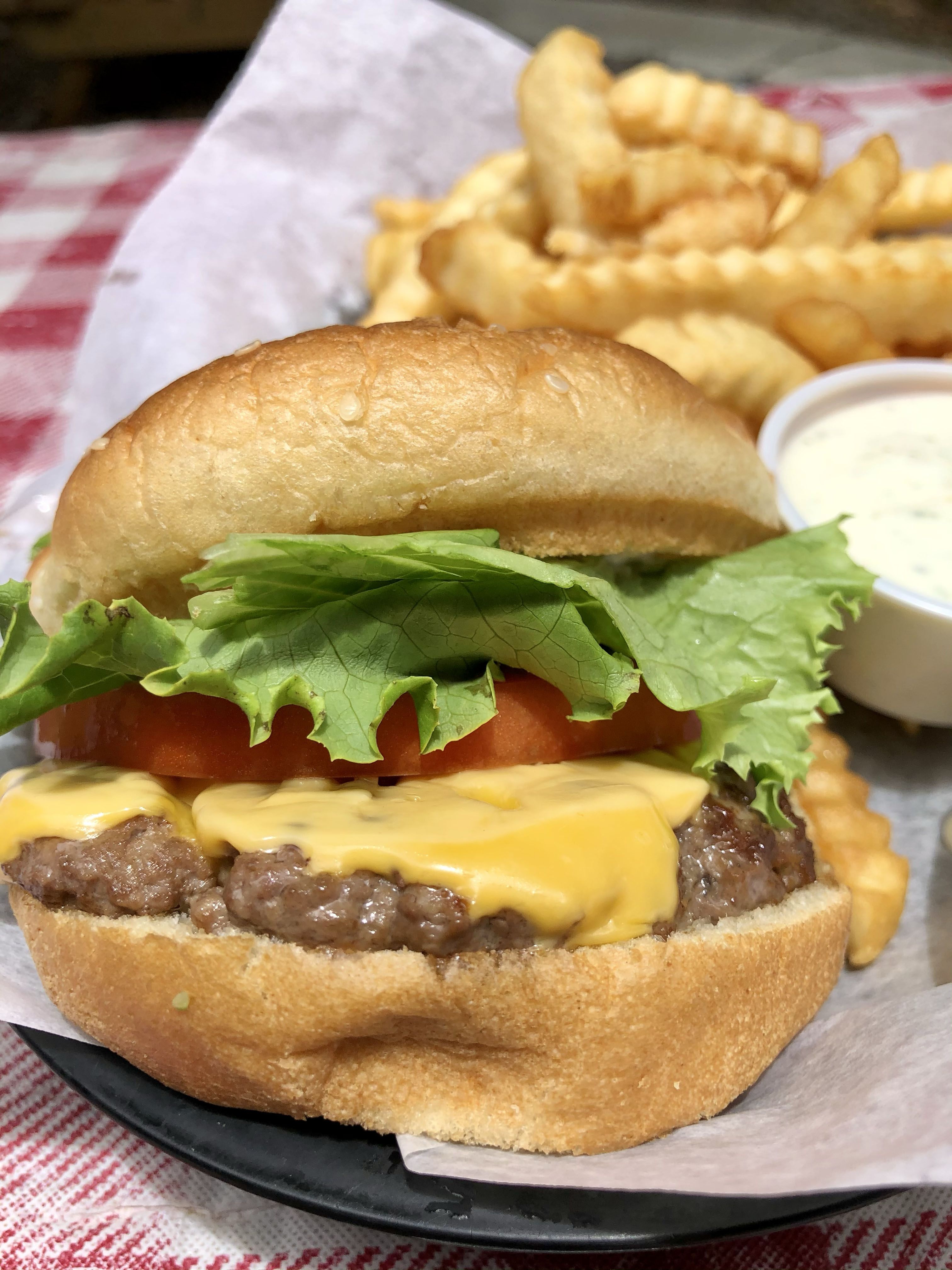 a cheeseburger and crinkle fries from the original saline