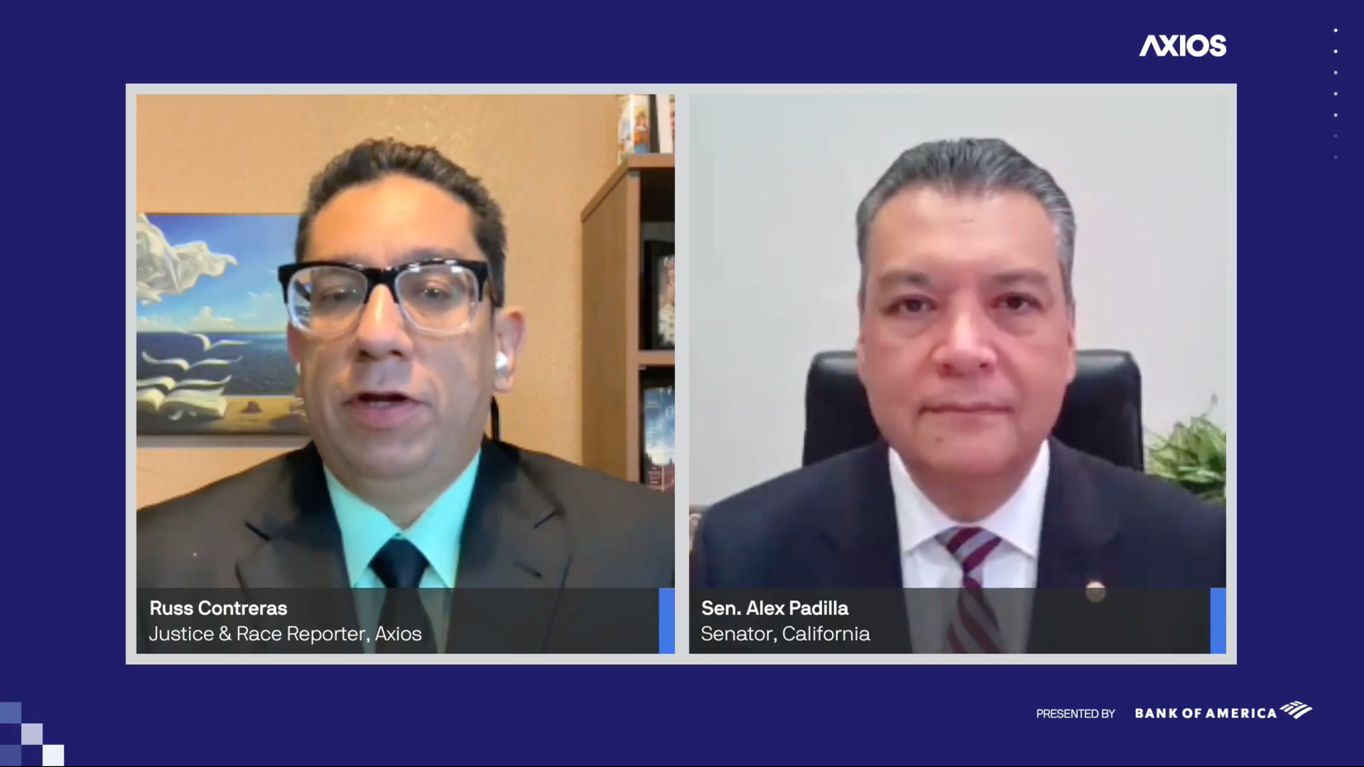 Screenshot of an Axios event with Axios' Russell Contreras (on the left) and California Sen. Alex Padilla (on the right)