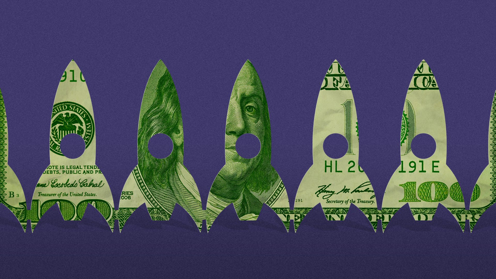 Illustration of a paper chain of rocket ships cut out of money. 