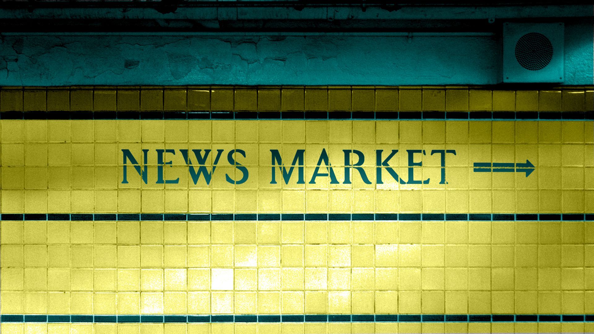 Illustration of a Philadelphia subway station tile wall with lettering reading News Market. 