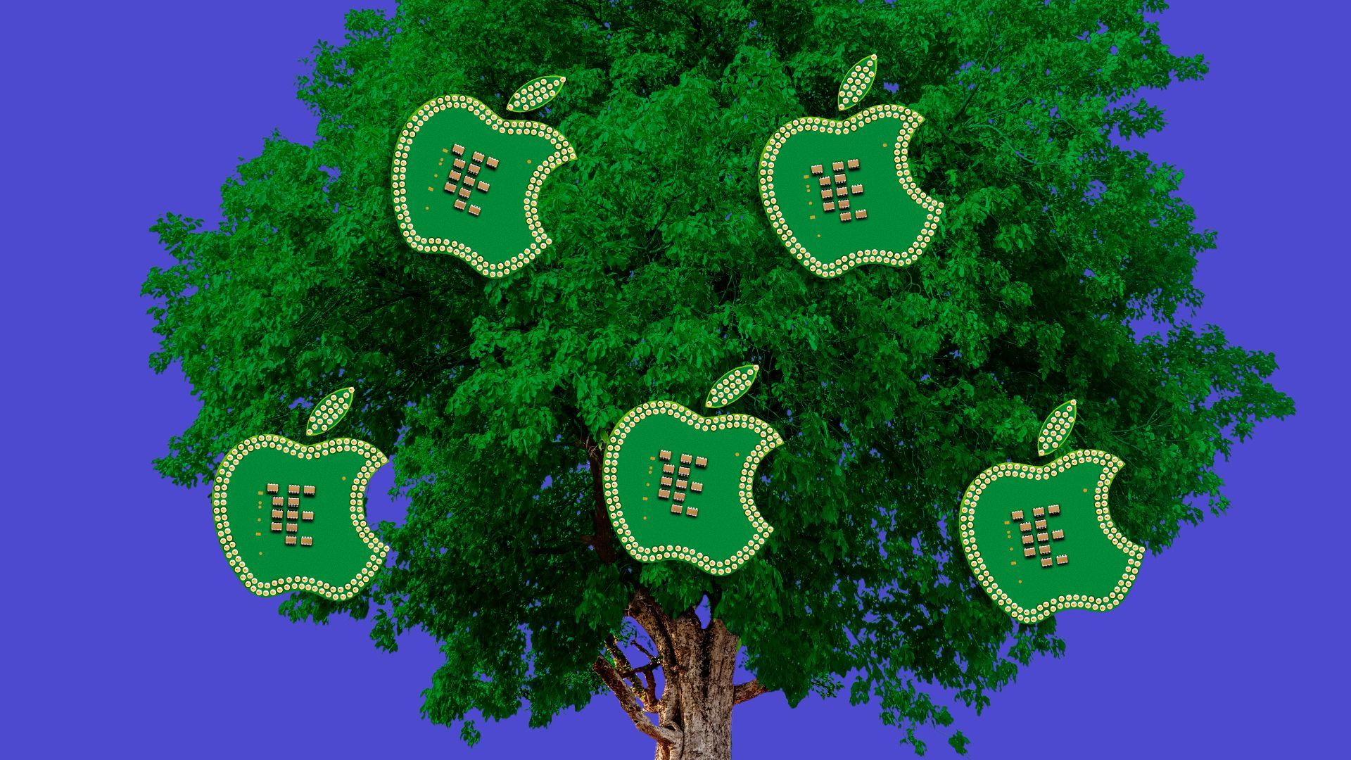 Illustration of a tree with Apple logo shaped computer chips dangling from the branches.  