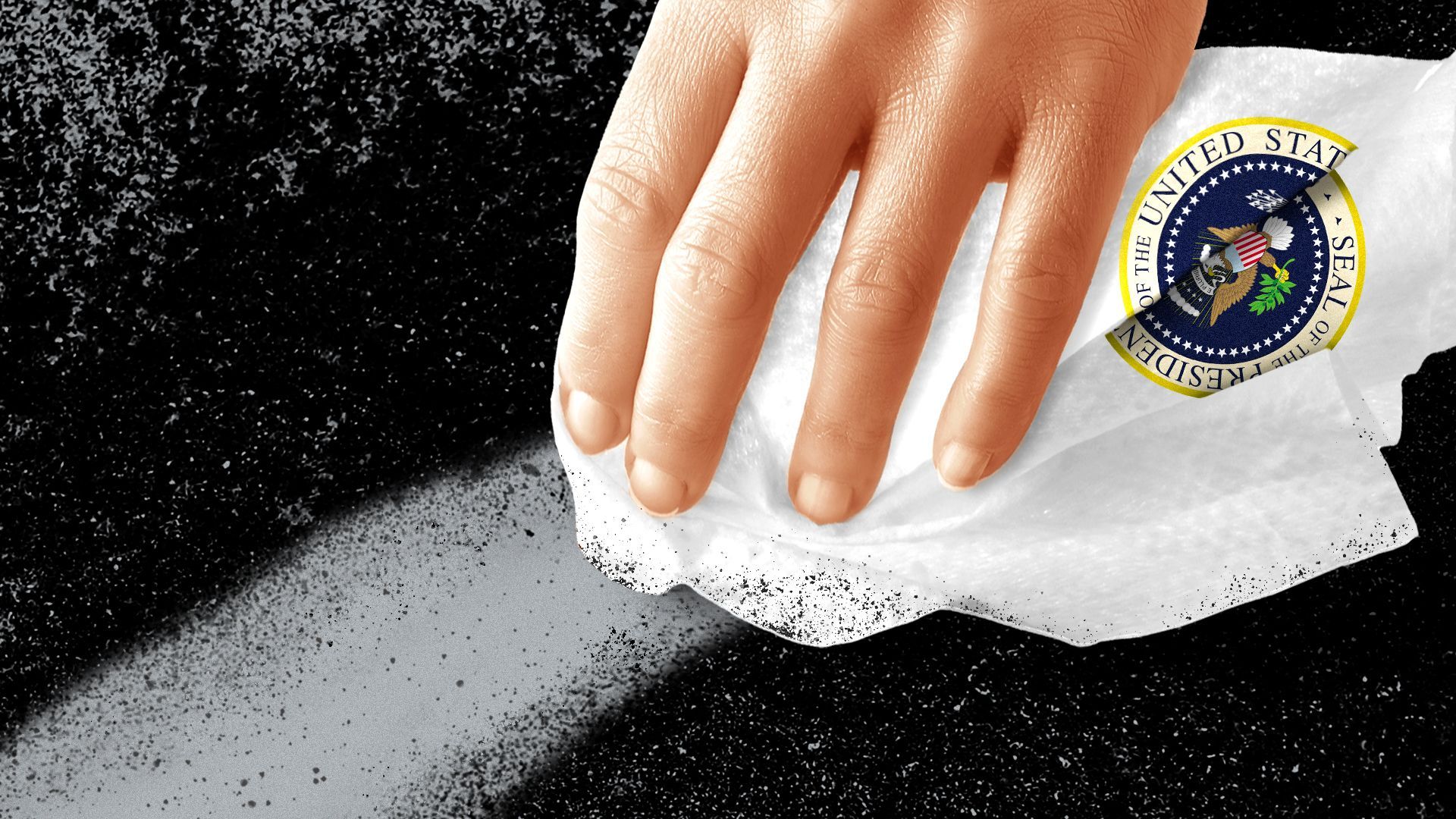Illustration of a person using a napkin with the seal of the president to wipe up soot.