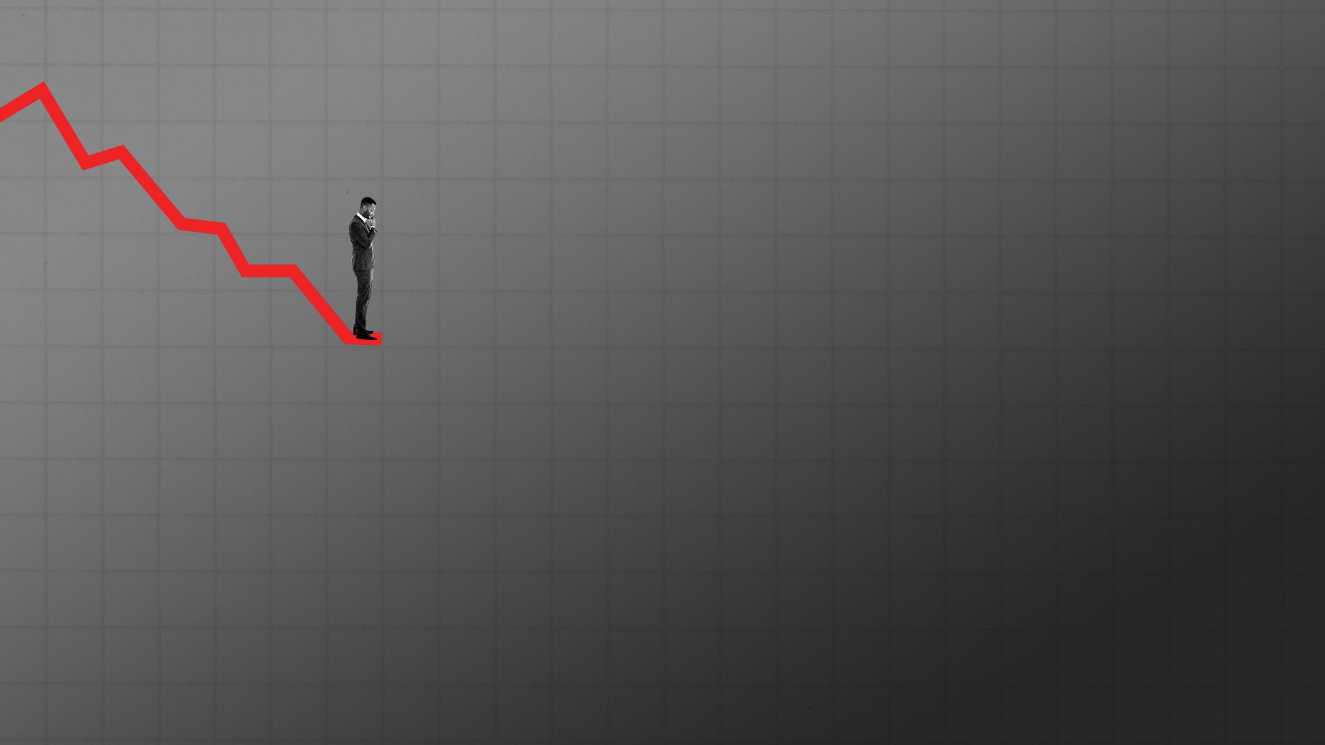 Illustration of a man standing on the edge of a trend line looking out into a darkened void.
