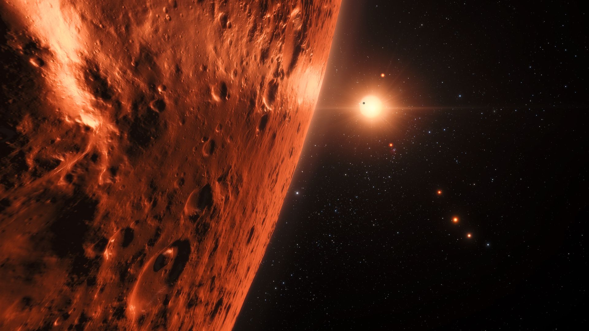 Artist's impression of view from planet in the TRAPPIST-1 planetary system