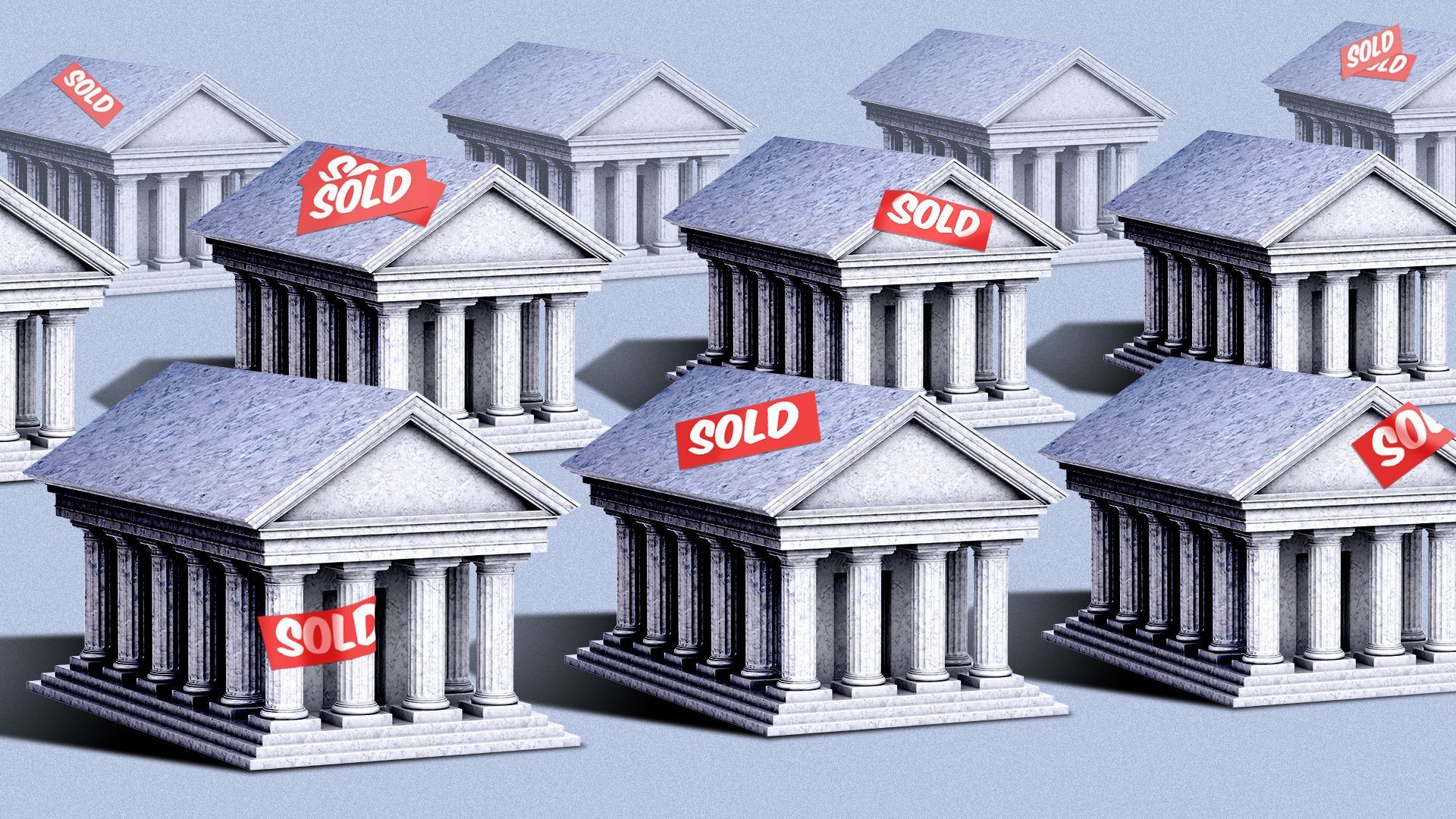 Illustration of a repeating pattern of banks with sold stickers on them