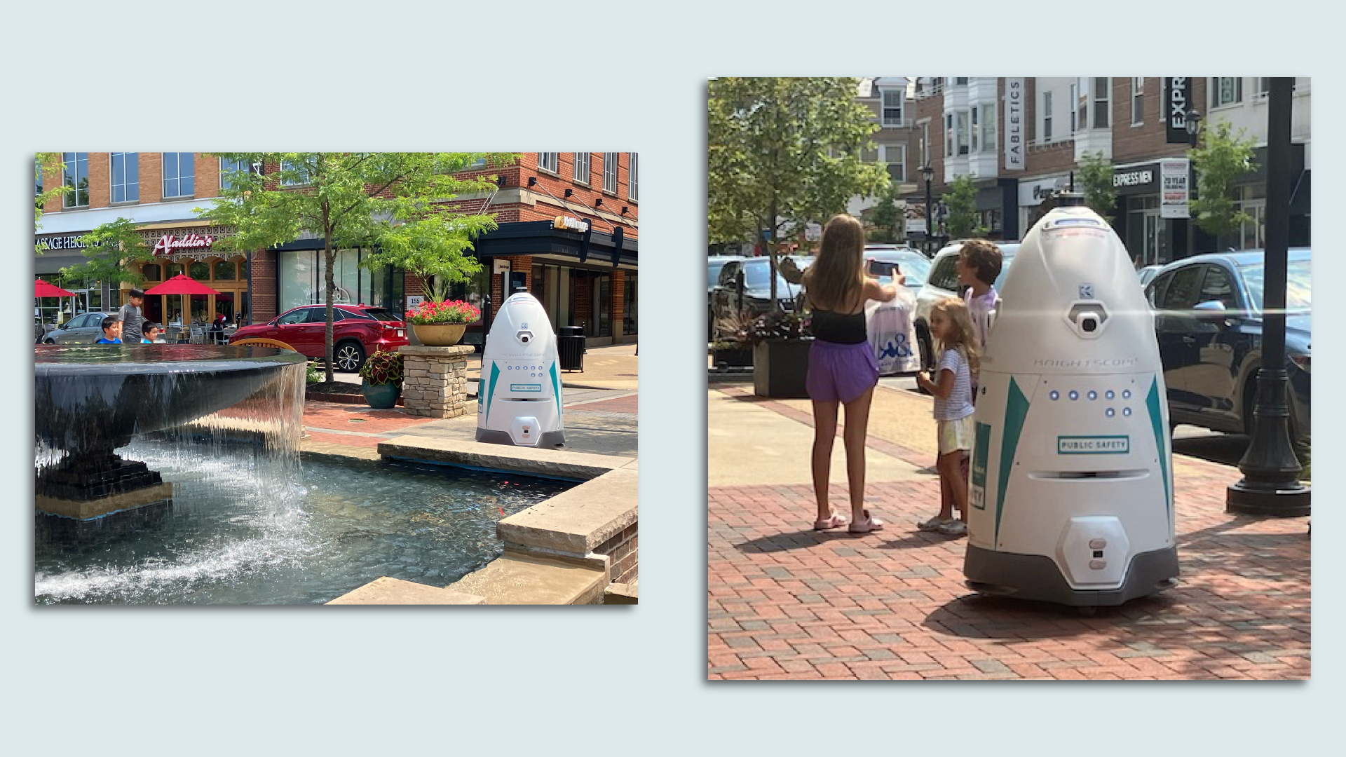 A security robot on the red bricks of a suburban shopping center