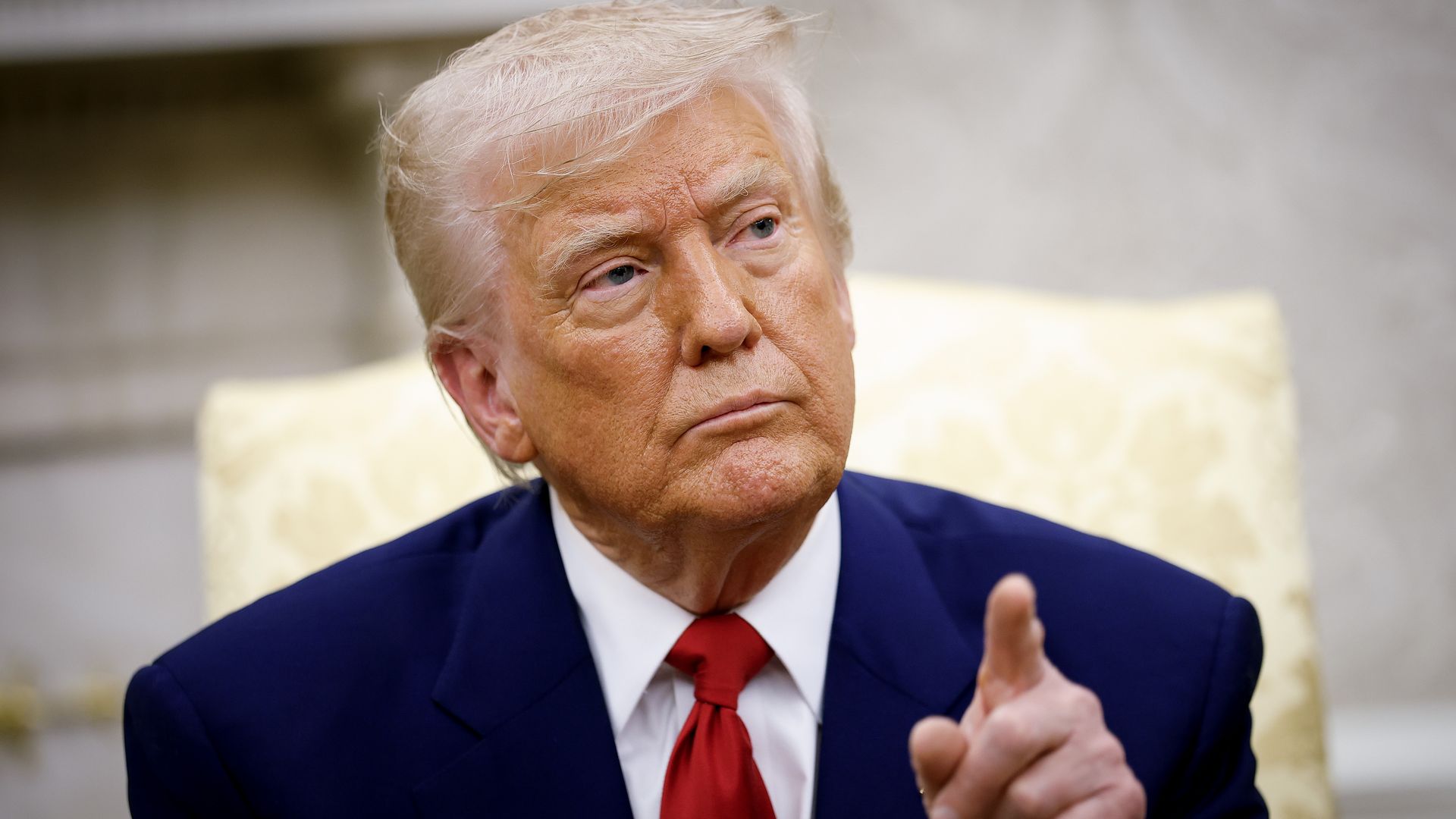 President Donald Trump takes a question from a member of the media during a meeting with Israeli Prime Minister Benjamin Netanyahu in the Oval Office of the White House on April 7, 2025 in Washington, DC. President Trump is meeting with Netanyahu to discuss ongoing efforts to release Israeli hostage