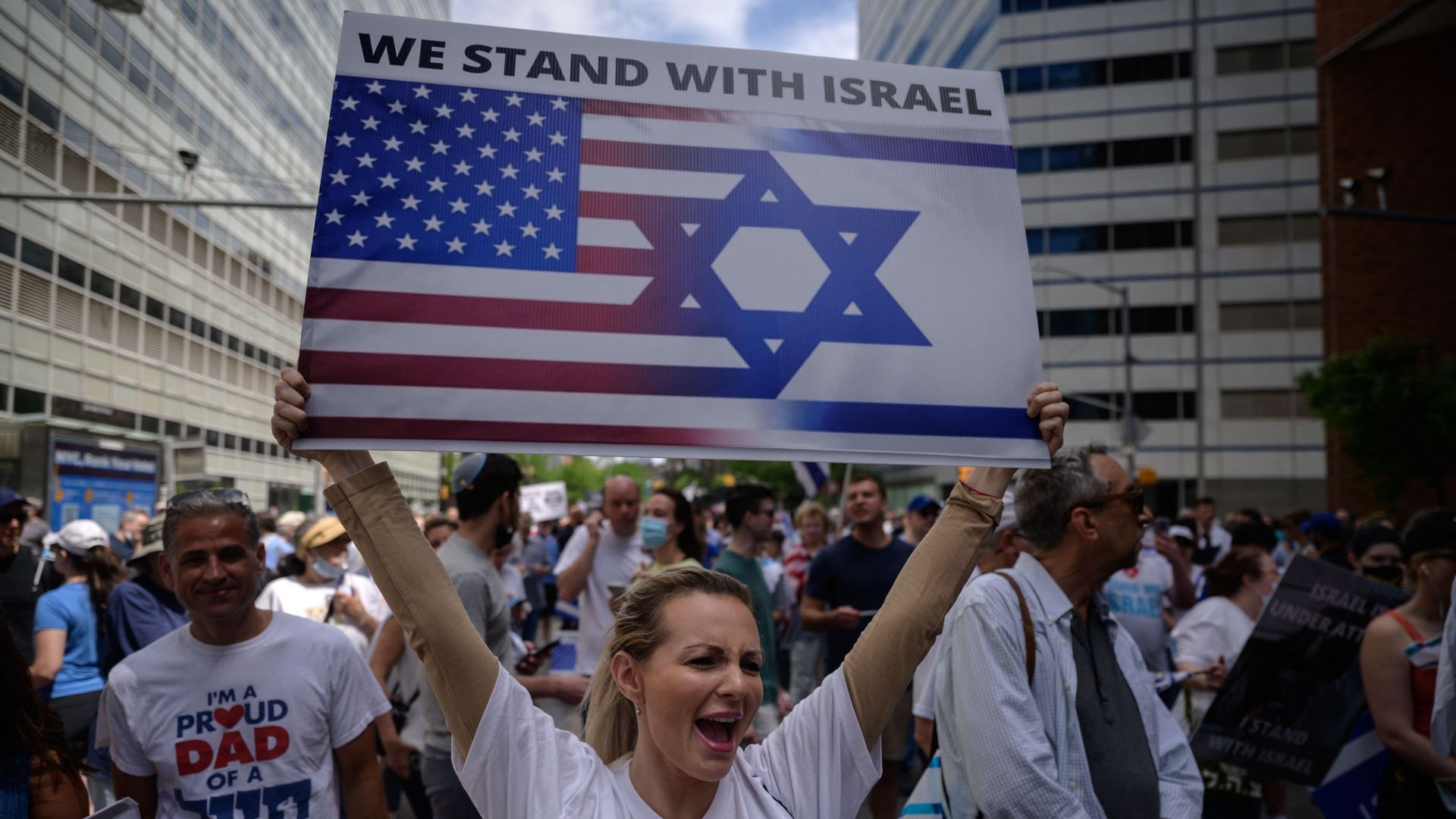 A pro-Israel woman attends a rally in New York City against anti-semitism.