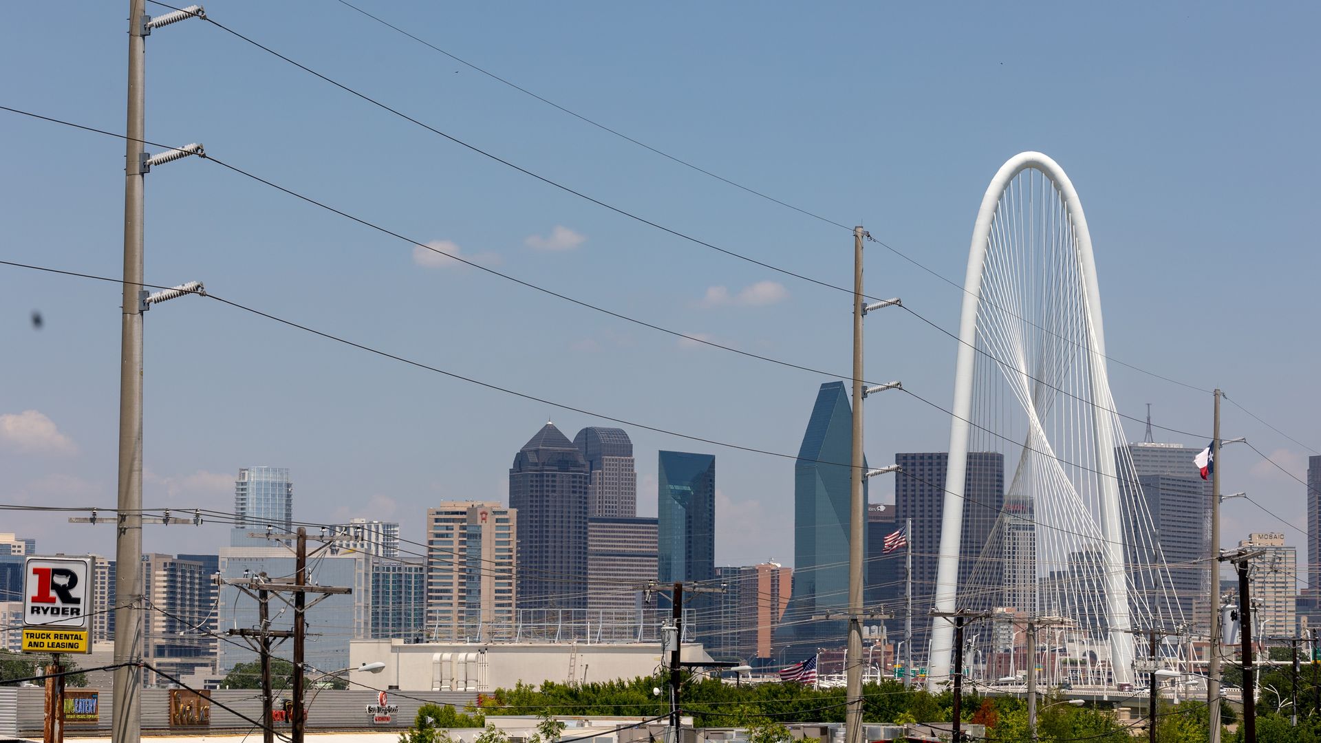 Power lines run in front of Margaret Hunt Hill Bridge in Dallas, Texas.