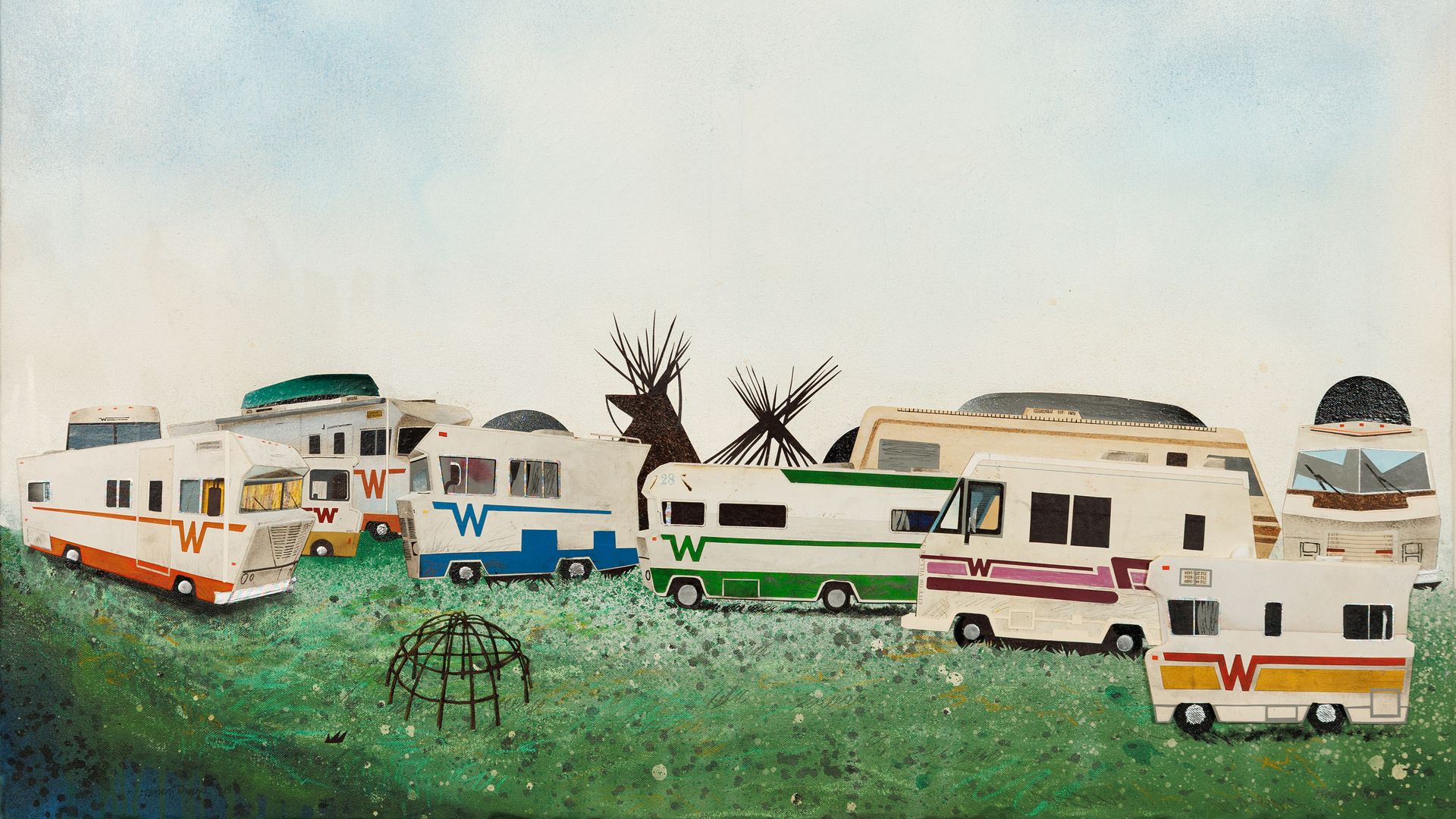 An artful scene of many assorted color RVs lined up on a green, speckled field in front of a pale blue sky with wispy clouds; leafless palm silhouettes rise behind the vehicles.