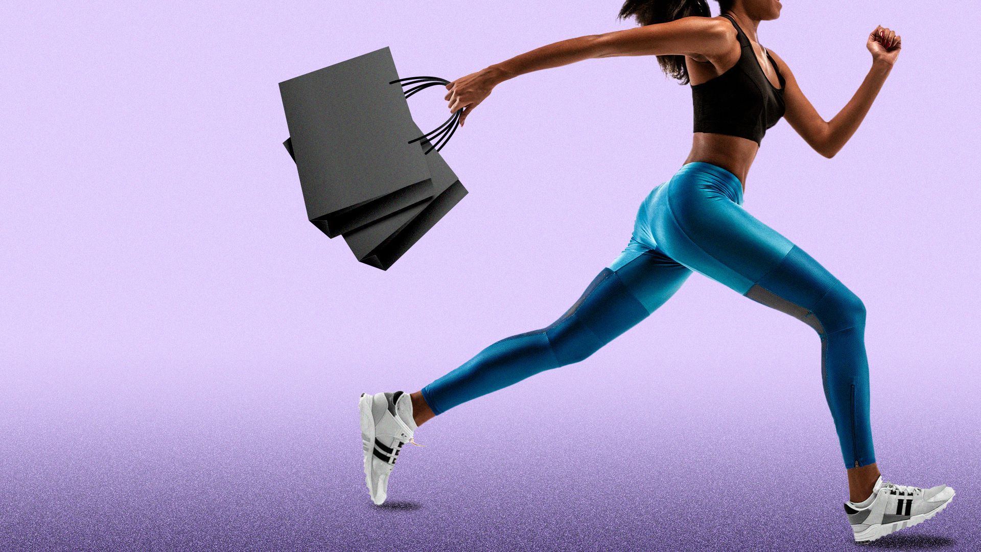 Illustration of an athletic woman in workout clothes running with shopping bags.