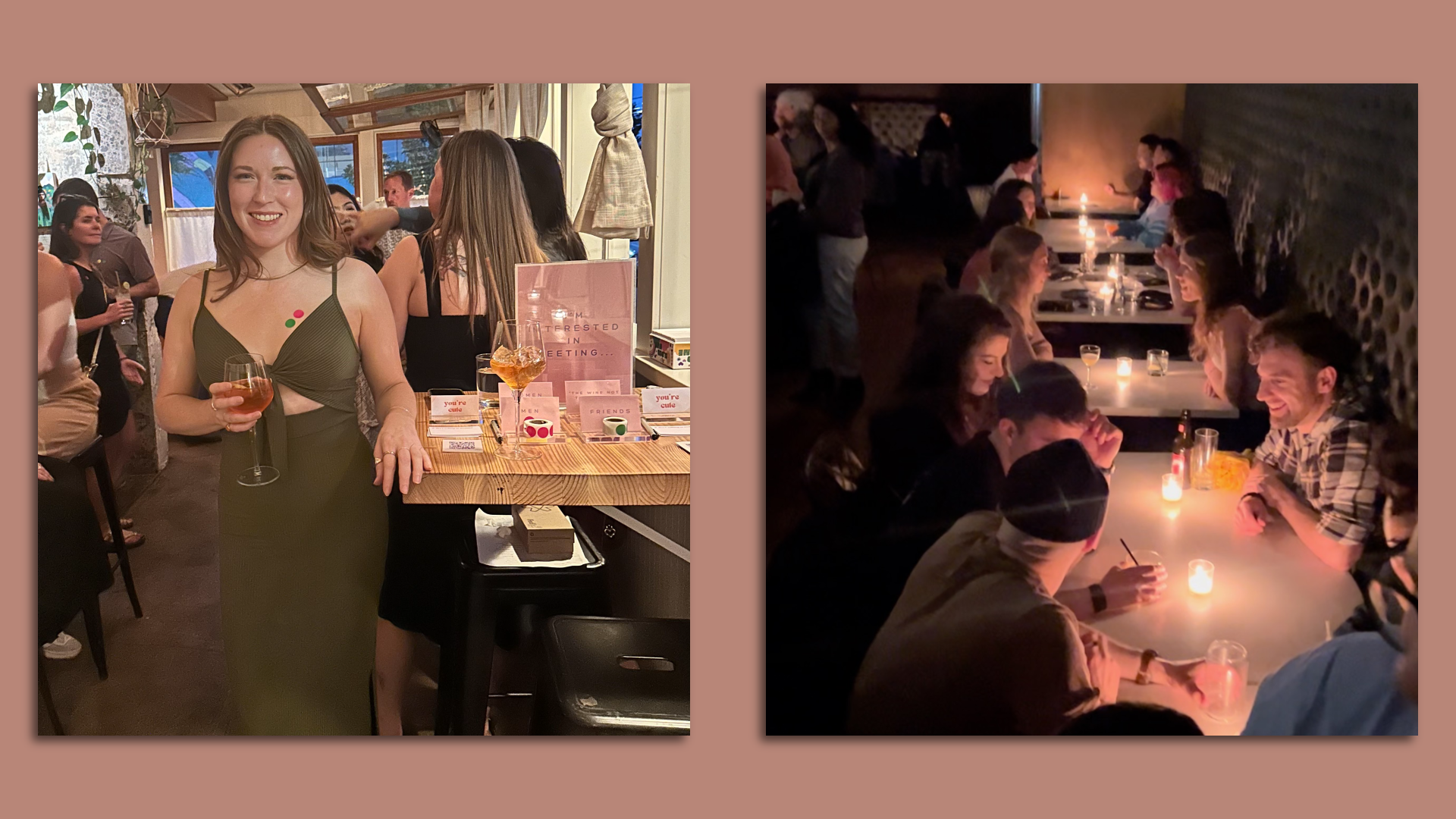A photo collage, with the photo on the left depicting a person holding a wine glass and smiling and the photo on the right depicting a row of tables filled with people talking in candlelight.