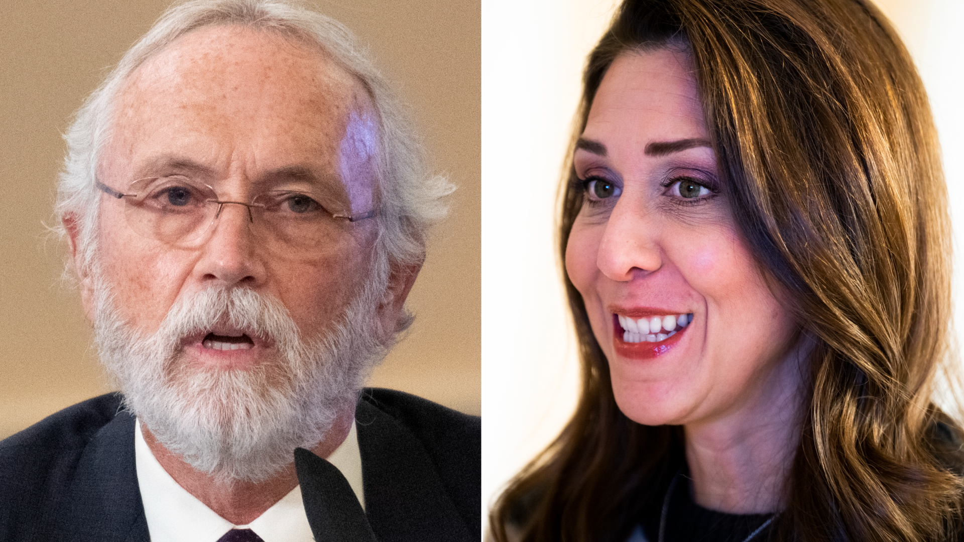 A man with white hair in a suit at left and a woman with brown hair in a suit jacket at right.