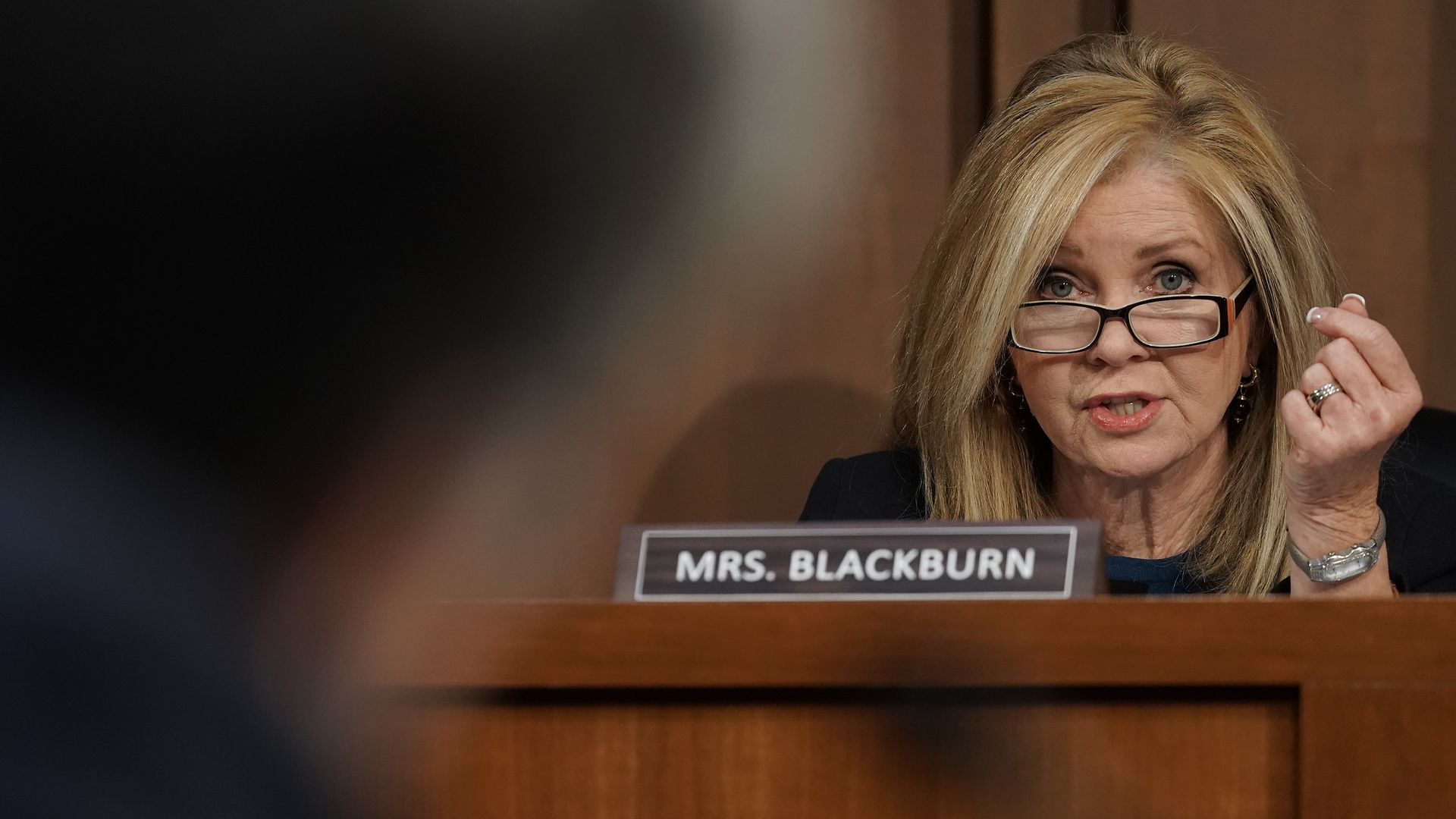 A photo of Sen. Marsha Blackburn during a hearing.