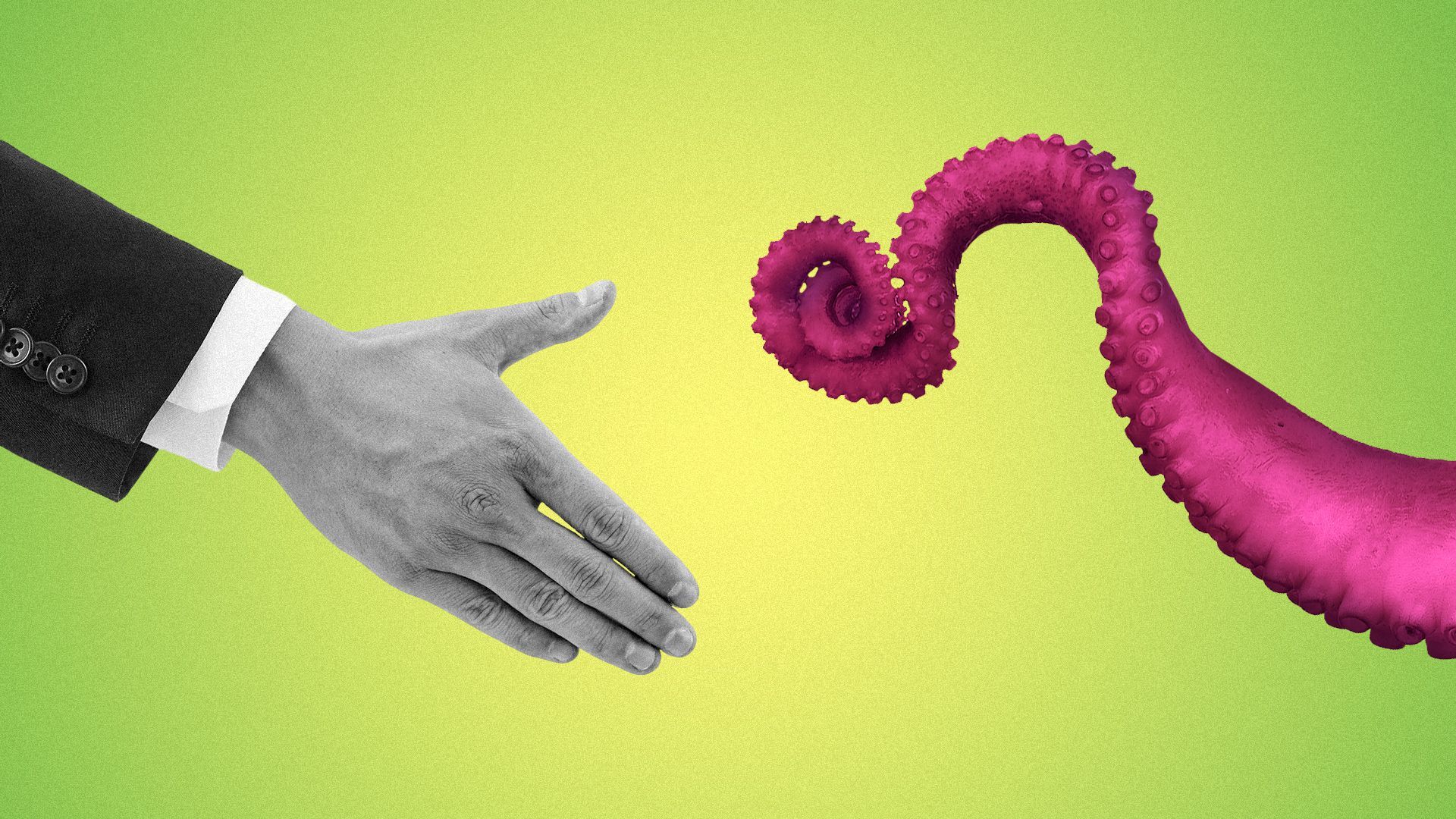 Illustration of a tentacle about to shake hands. 