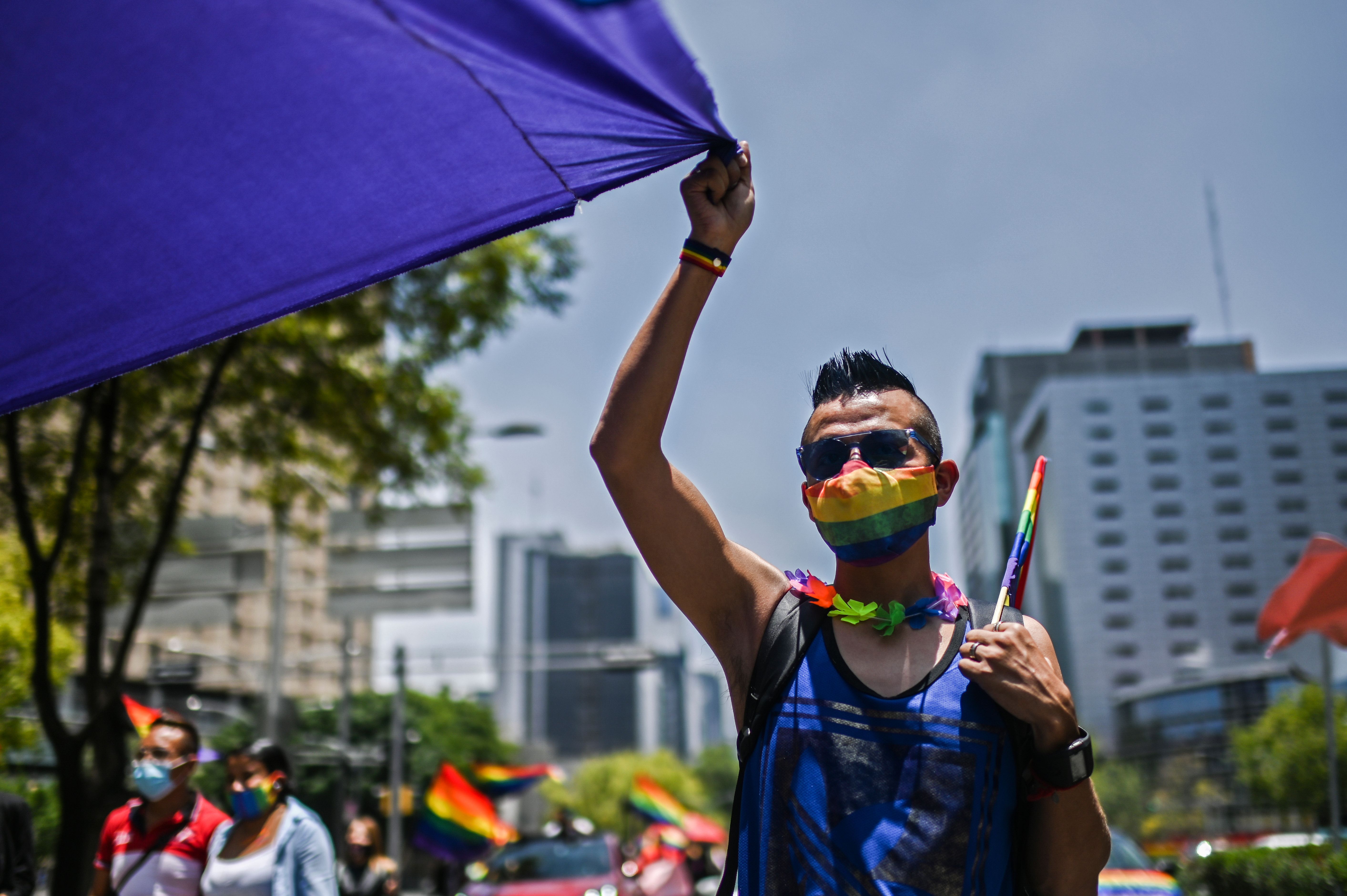 A reveler takes part in the celebration of gay pride in Mexico City, on June 27, 2020.