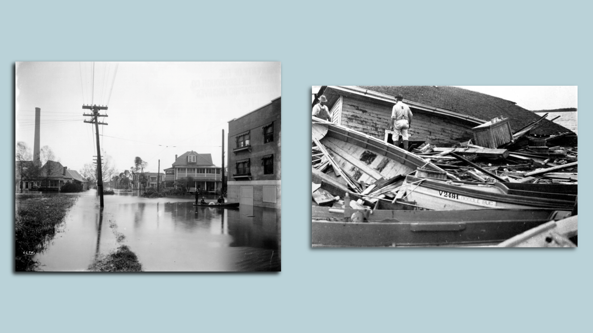 A pair of black and white photos show flooding and destruction from a hurricane in 1921.