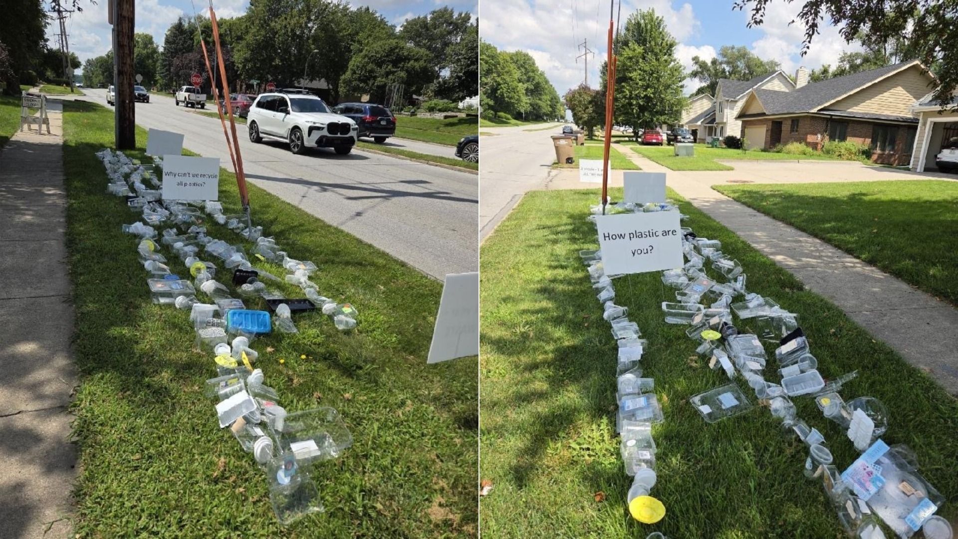 Two photos showing a grassy roadside area with many empty clear plastic containers arranged in rows. Signs read "Why can't we recycle all plastics?" and "How plastic are you?"