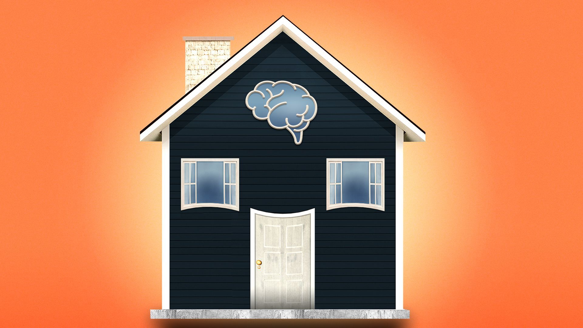 Illustration of a house with windows and a door that resemble a smiling face and a third window above resembling a brain
