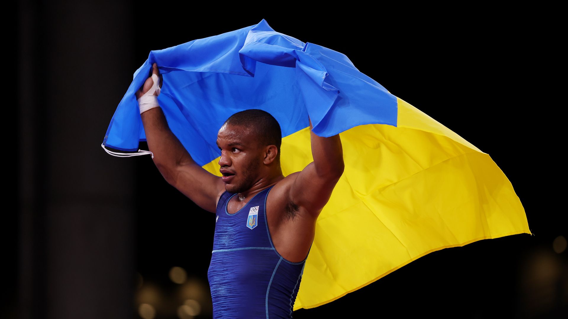 Afro-Ukrainian Zhan Beleniuk of Team Ukraine celebrates after winning his Men’s Greco-Roman 87kg Gold Medal Match at the Tokyo 2020 Olympic Games.