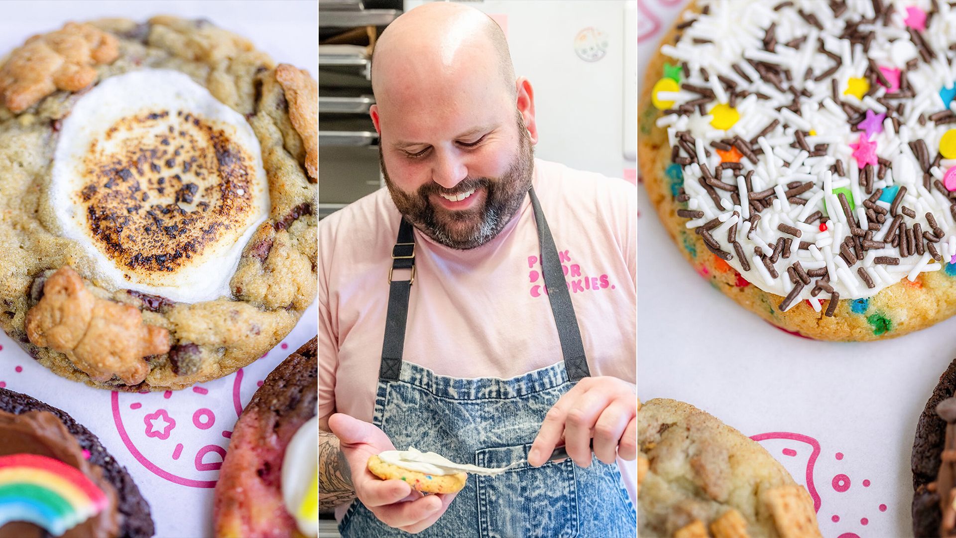 A composite photo showing a chef icing a cookie and finished cookies.