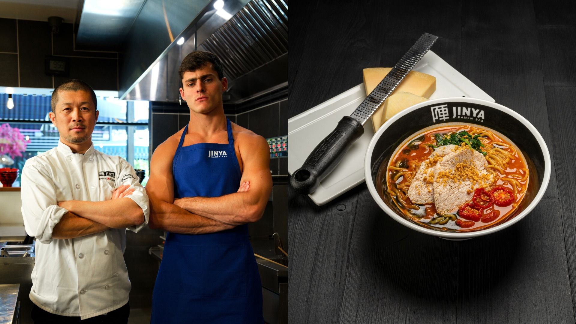 Two chefs with arms crossed in JINYA Ramen Bar kitchen; one wears a white jacket, the other a blue apron. Next to them, a bowl of ramen with slices of meat, tomatoes, and greens, beside cheese and a grater.