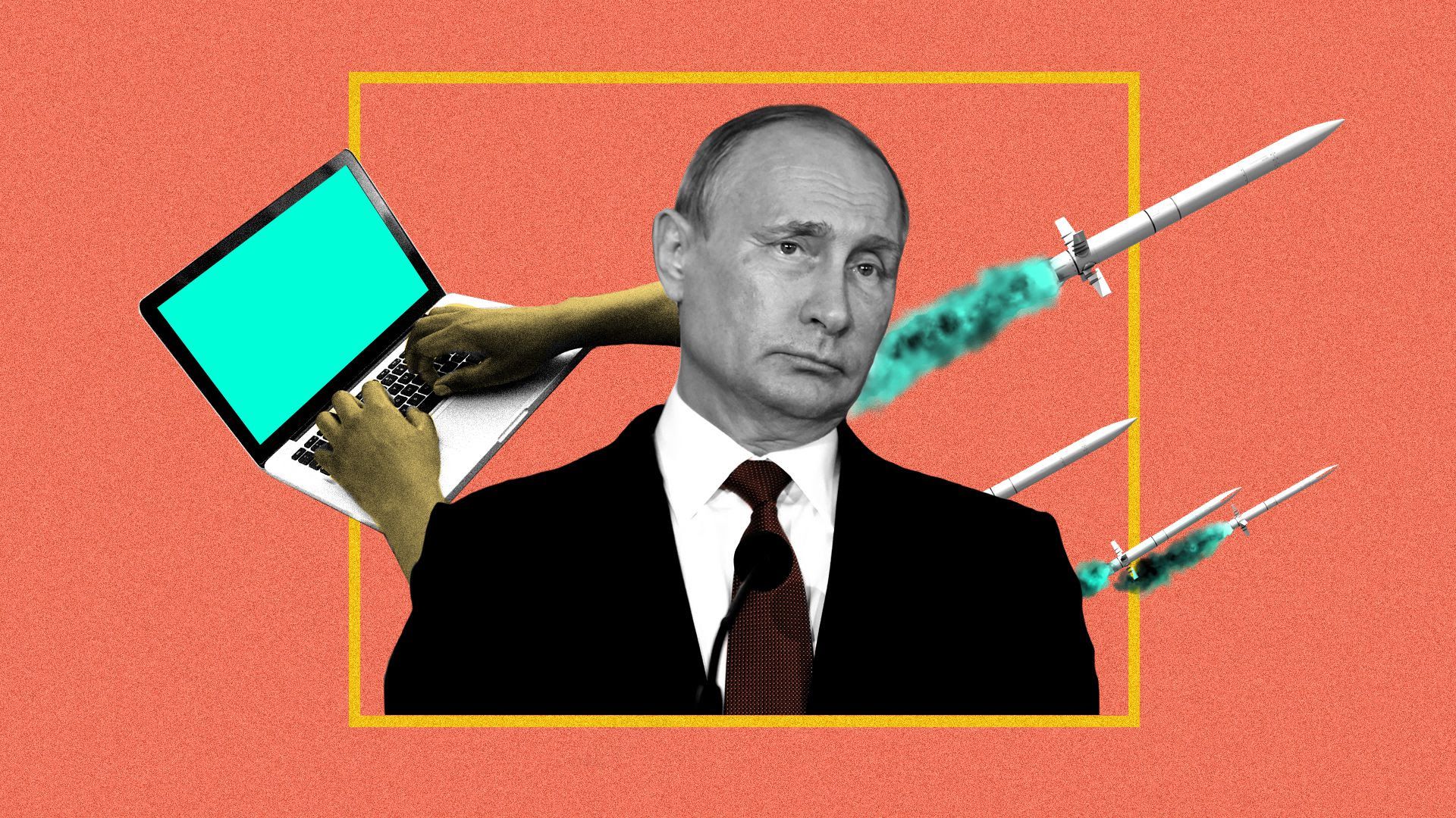 Photo illustration of Russian President Vladimir Putin with a computer and missiles in the background