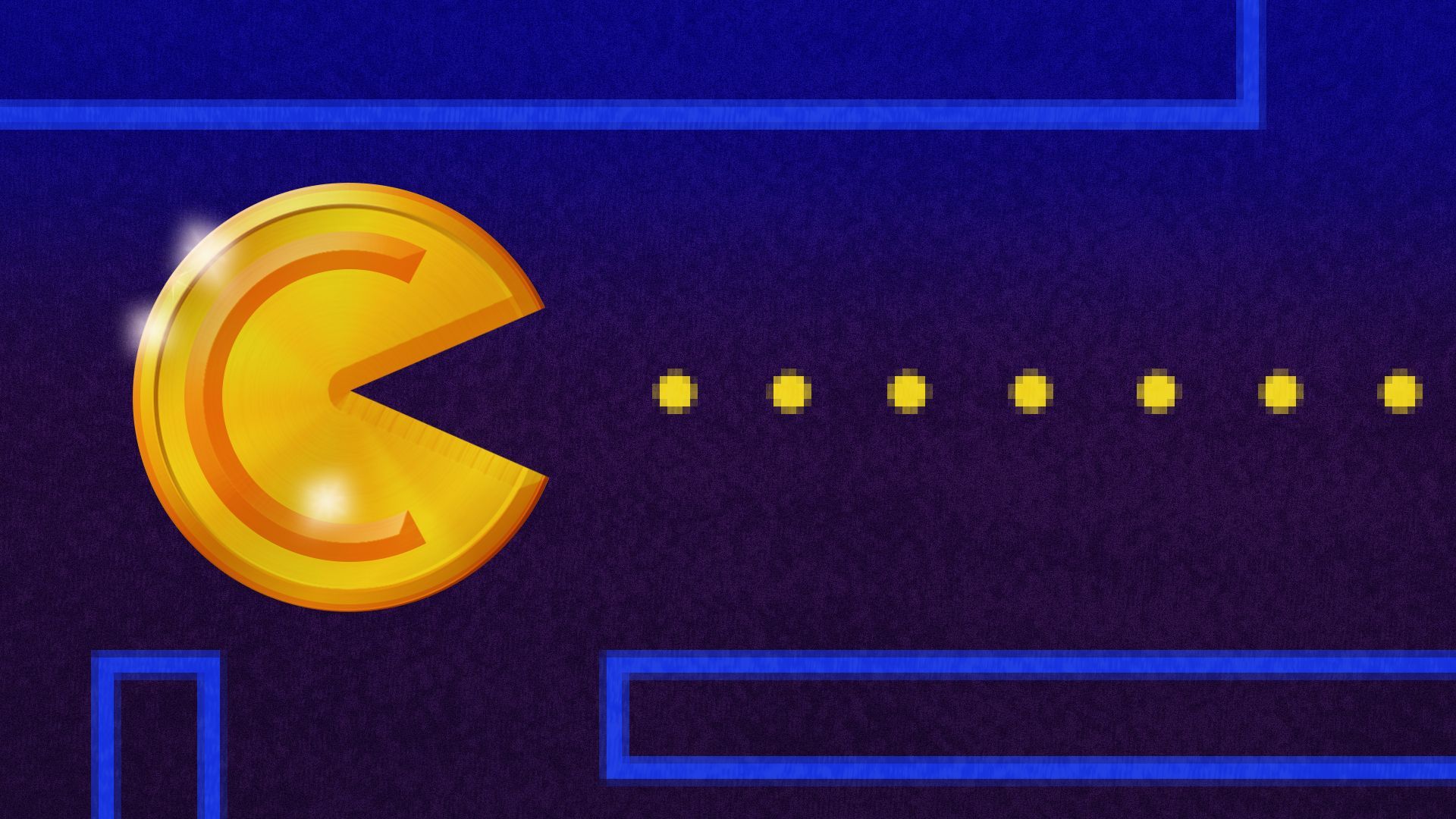 Illustration of a PacMan-like crypto coin in a video game level
