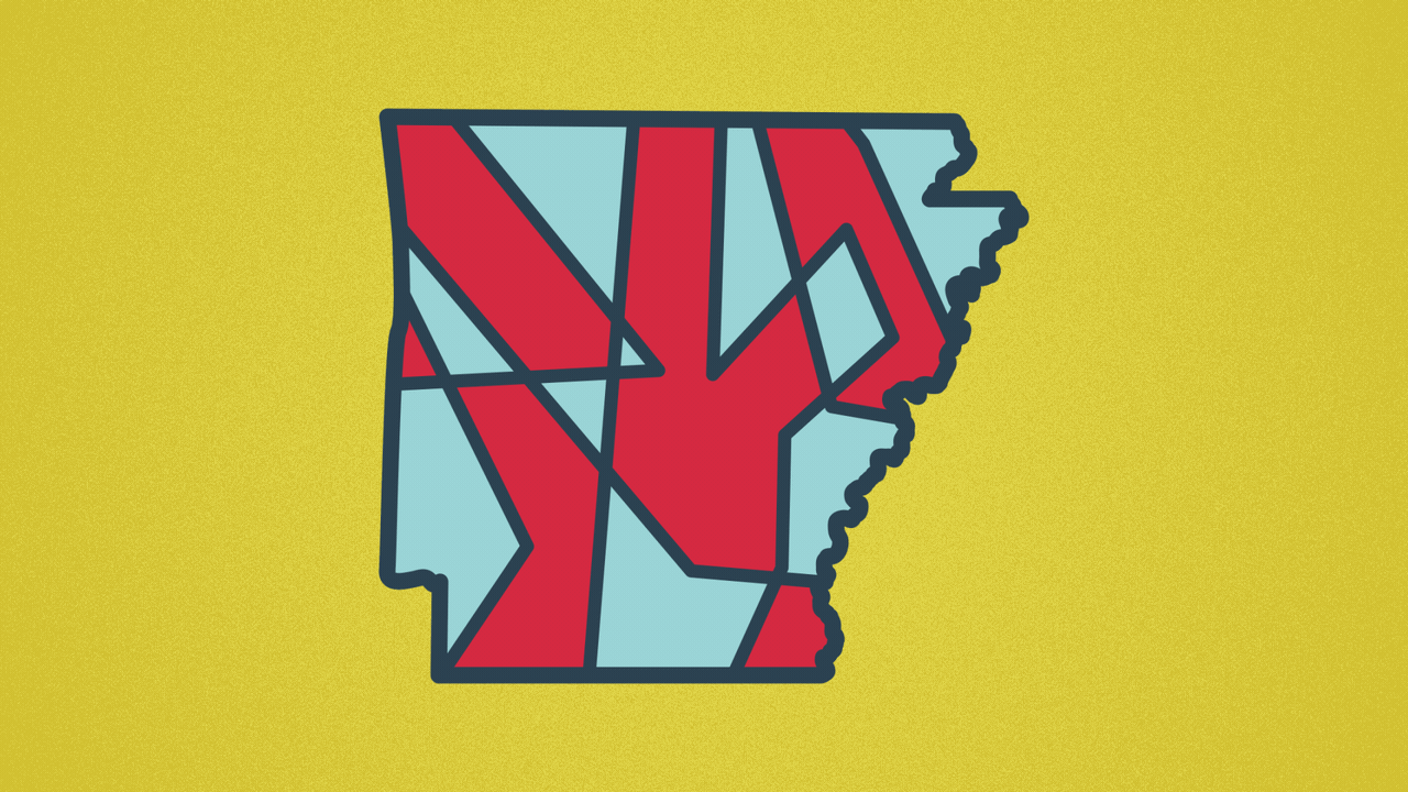 Illustration of the state of Arkansas with moving districts inside it.