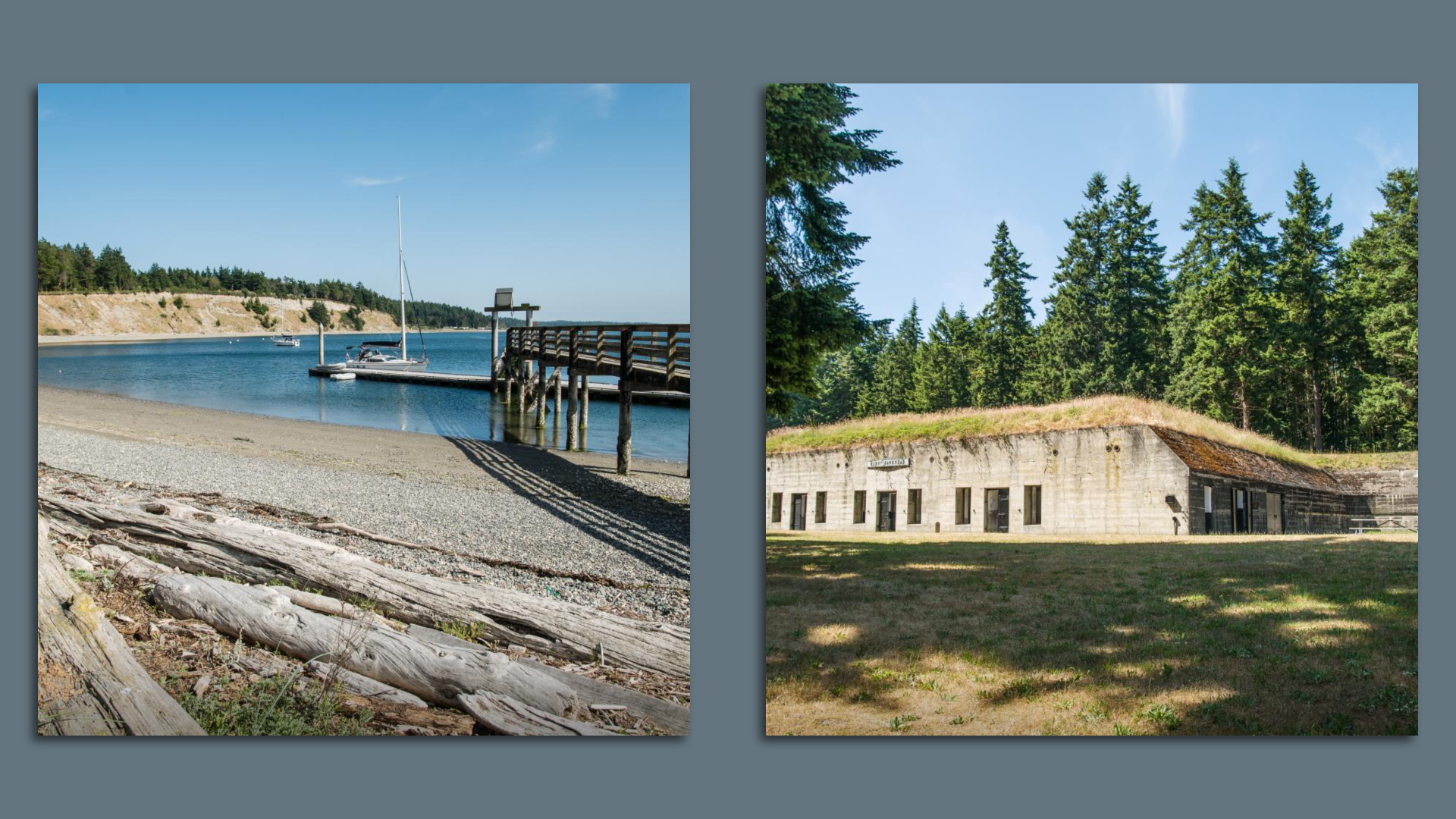 A photo of the dock and a battery at Fort Flagler in Washington state. 