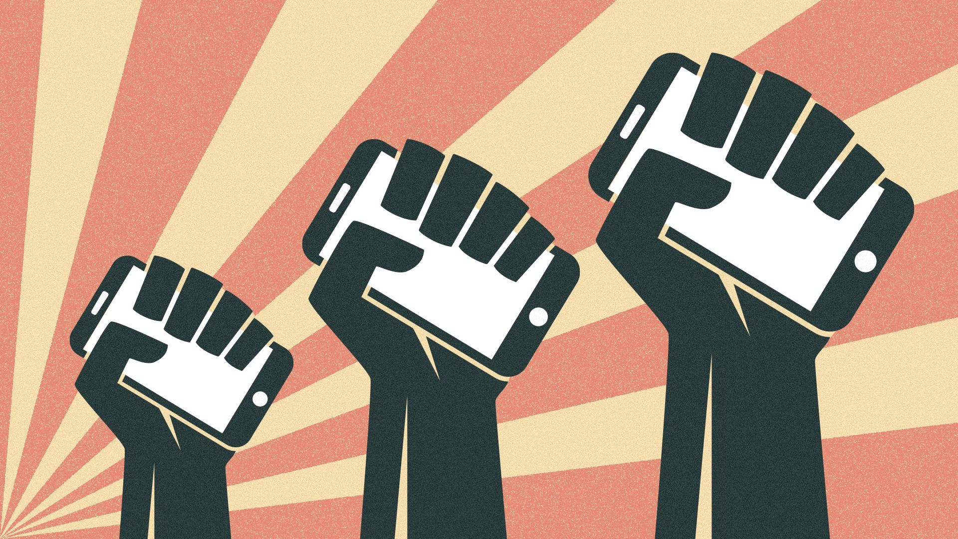 Illustration of three hands holding cell phones in a propaganda style poster.