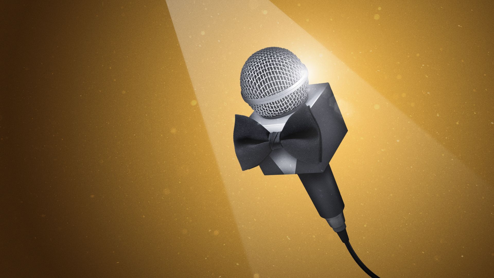 Illustration of a news microphone wearing a bow tie under a spotlight. 